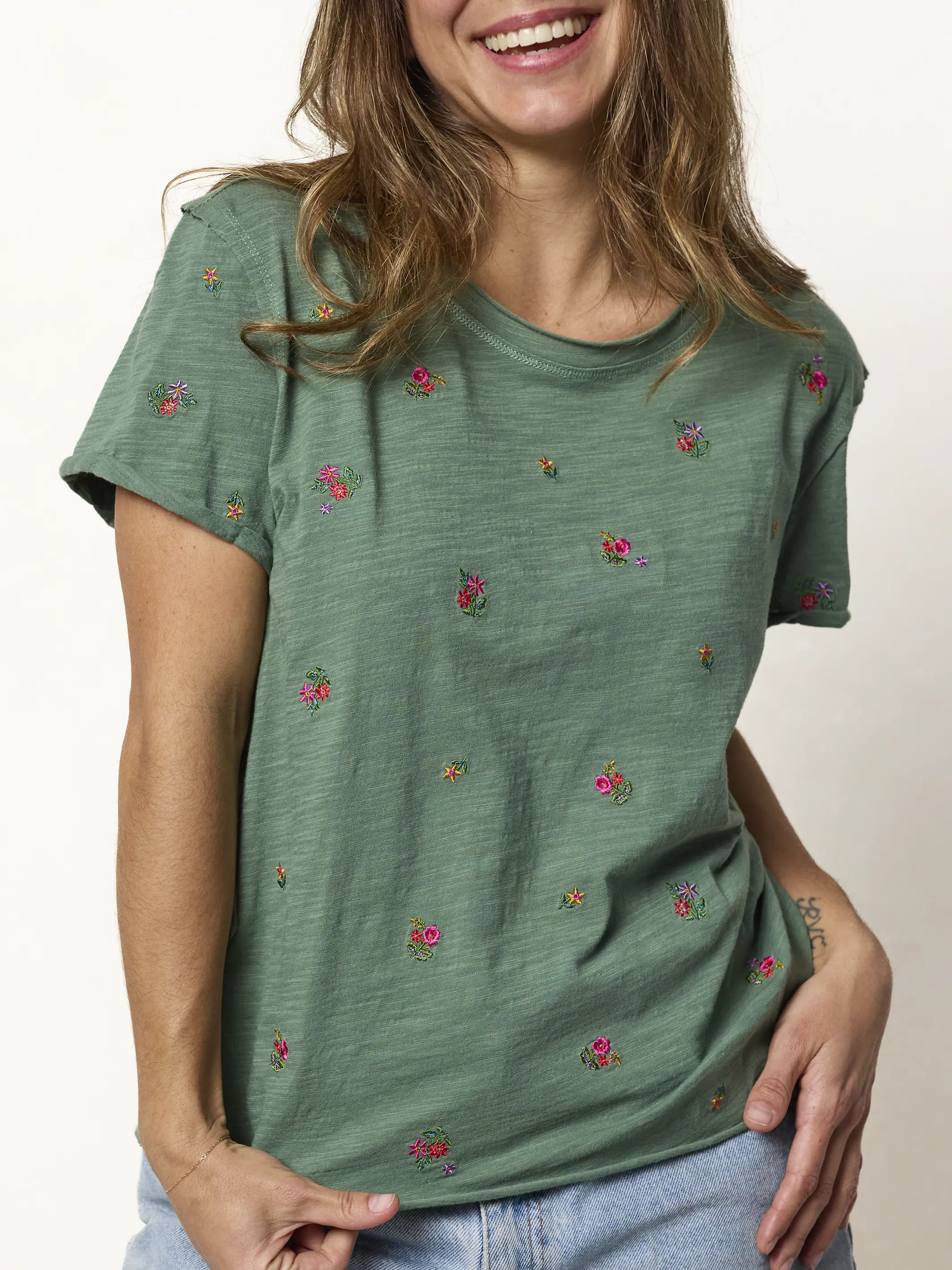 Aiden Embroidered Cotton Tee - Olive Flowers - Image 2