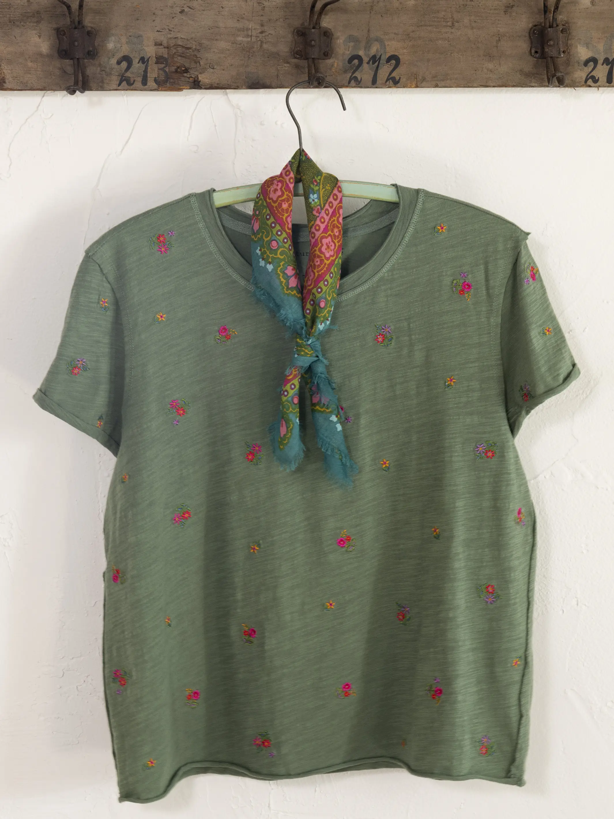 Aiden Embroidered Cotton Tee - Olive Flowers - Image 3