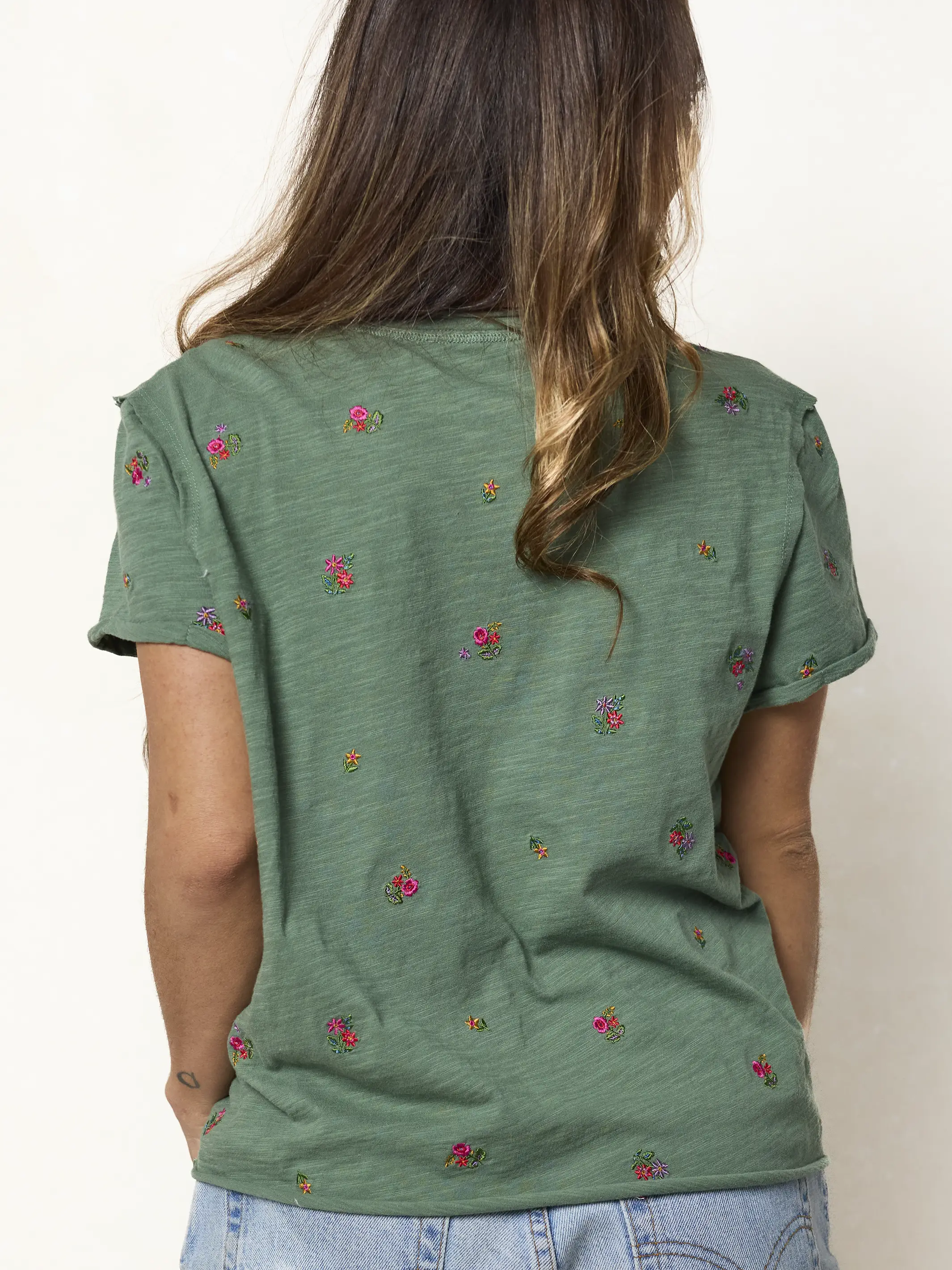 Aiden Embroidered Cotton Tee - Olive Flowers - Image 4