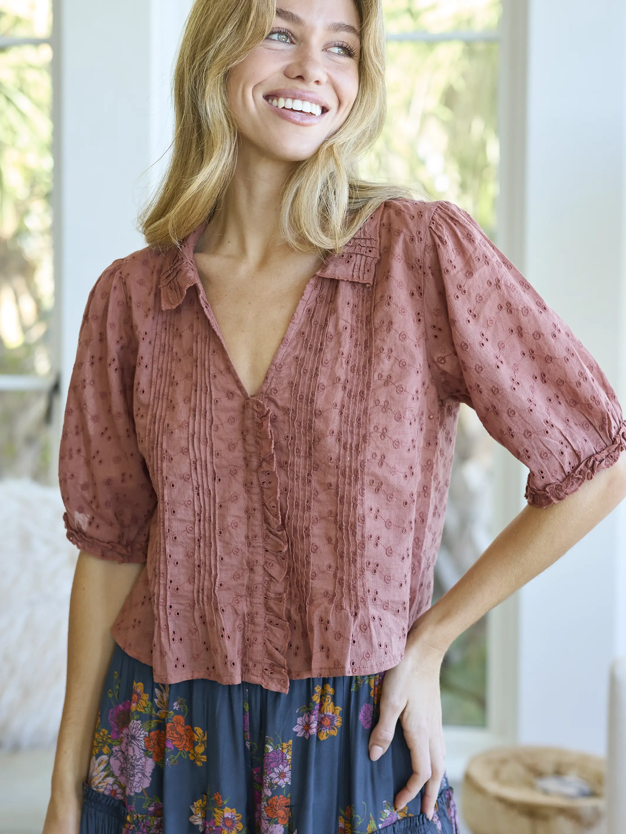 Annie Cotton Eyelet Top - Light Rust - Image 2