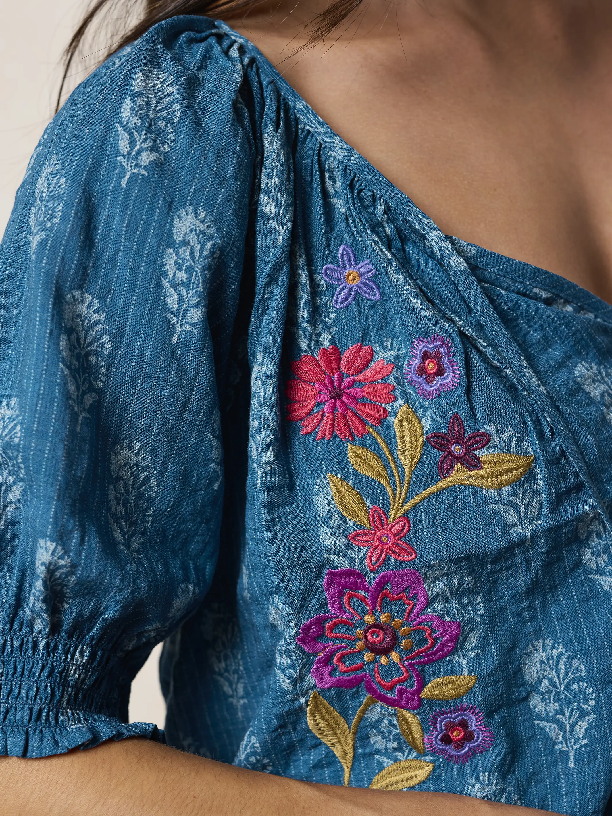 April Embroidered Top - Block Stamp Indigo - Image 4