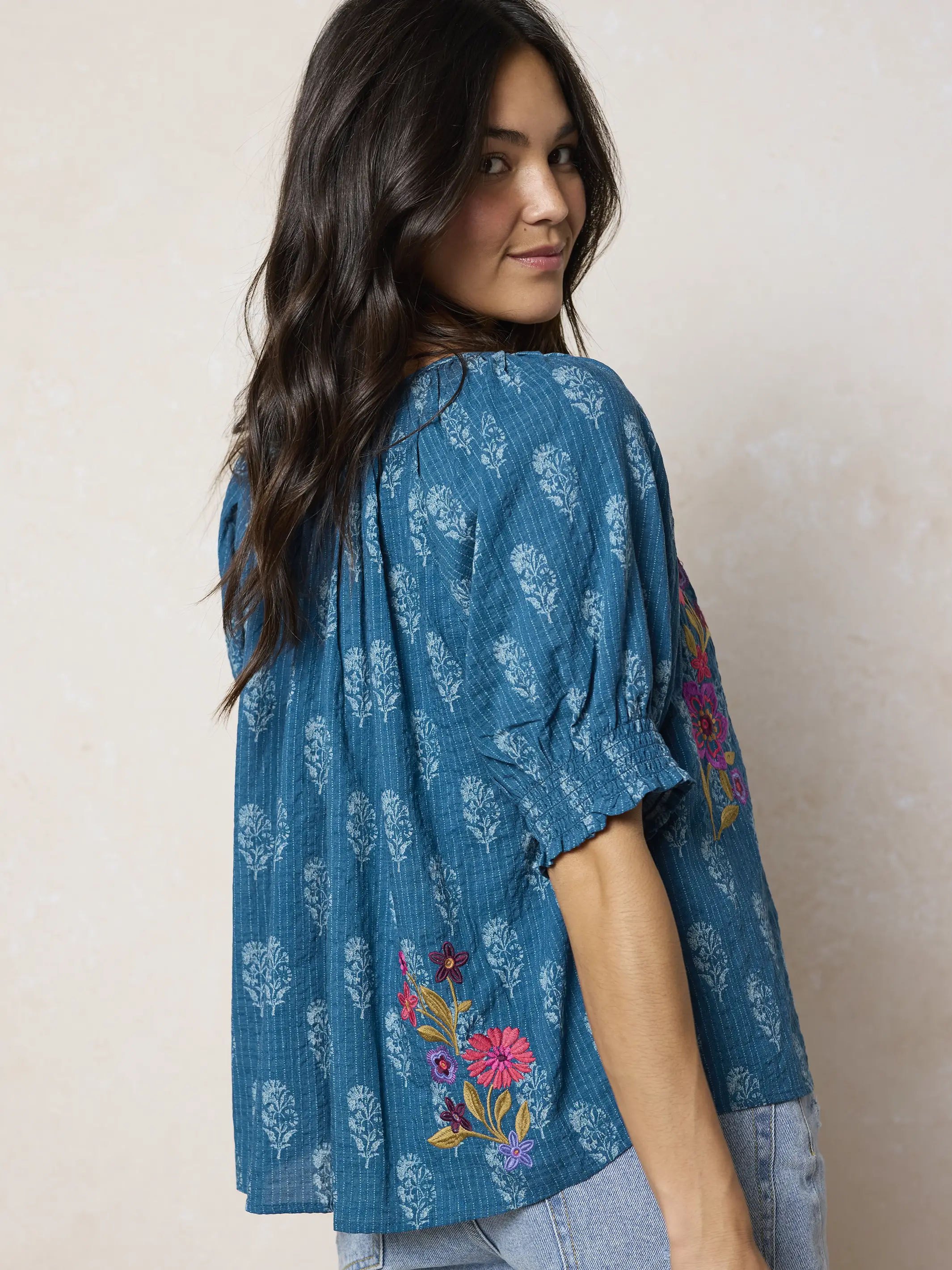 April Embroidered Top - Block Stamp Indigo - Image 6