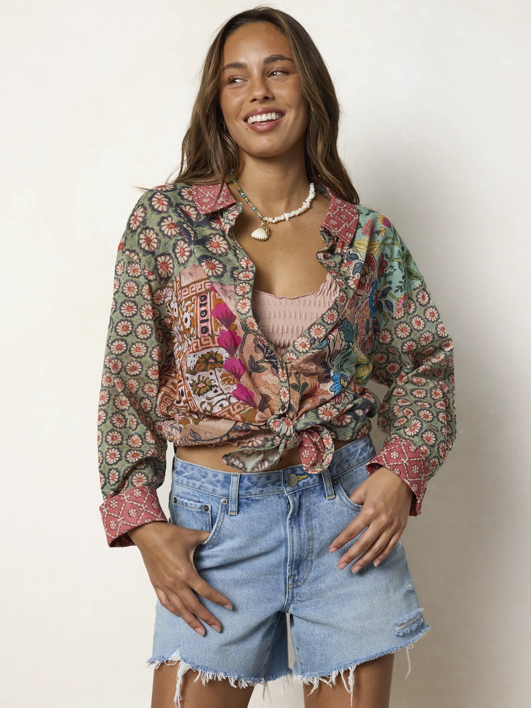 Barcelona Cotton Button Down - Patchwork Medallion Floral - Image 4