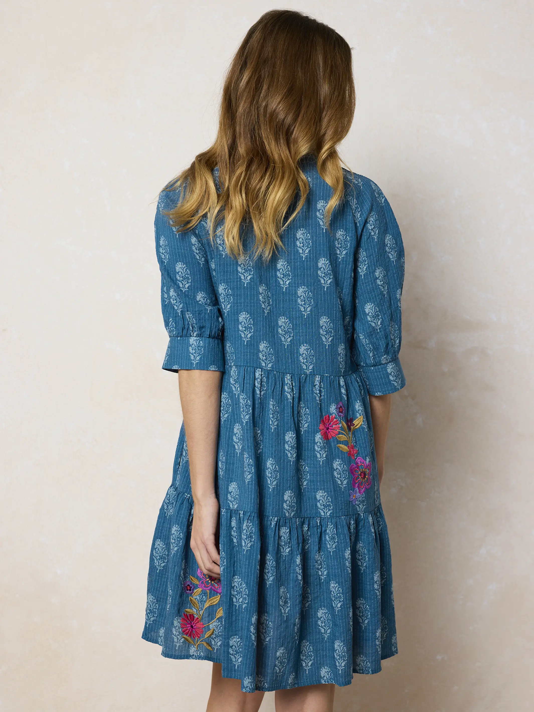 Becca Embroidered Mini Dress - Block Stamp Indigo - Image 3