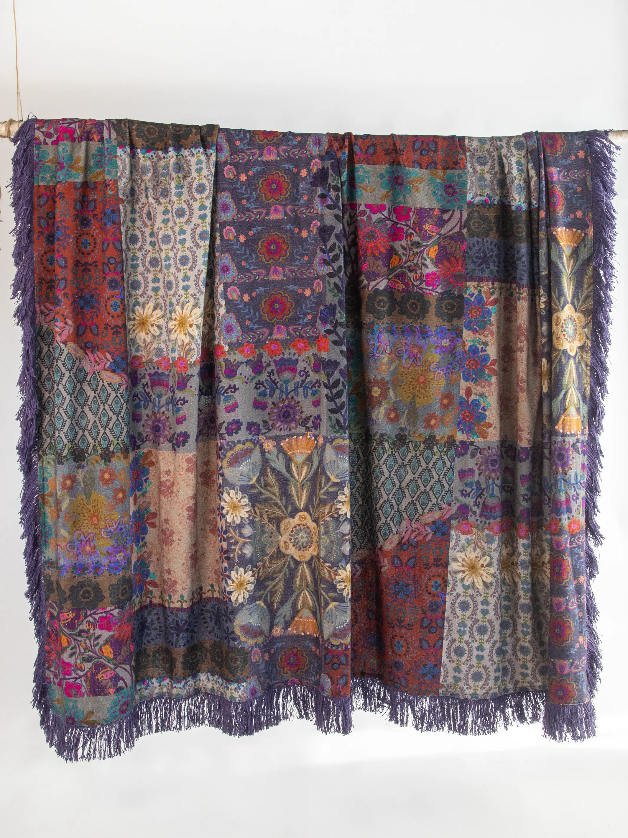Boho Fringe Bedspread - Blue Patchwork - Image 3