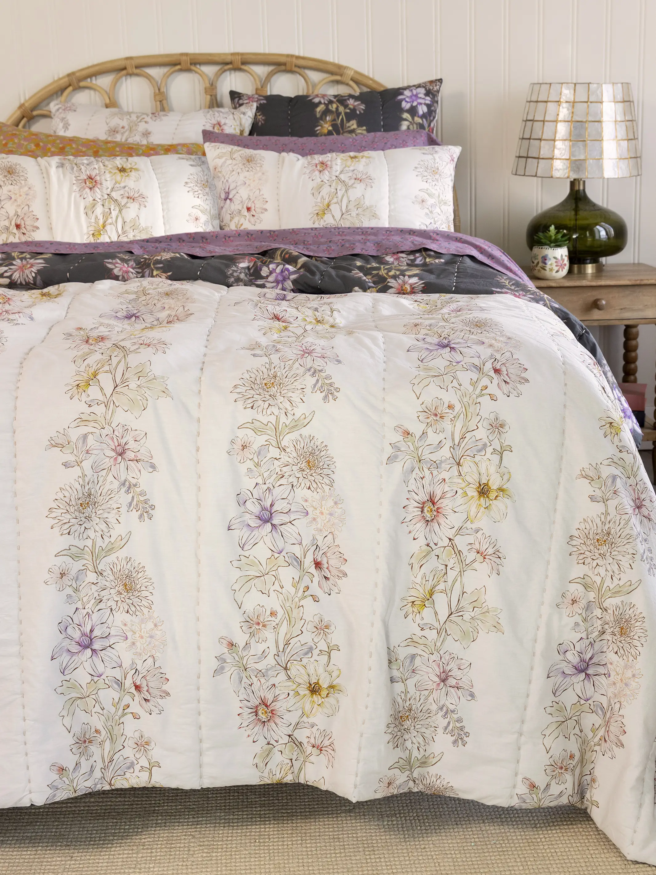 Bungalow Reversible Cotton Shams, Set of 2 - Ivory Dahlia Rows - Image 5