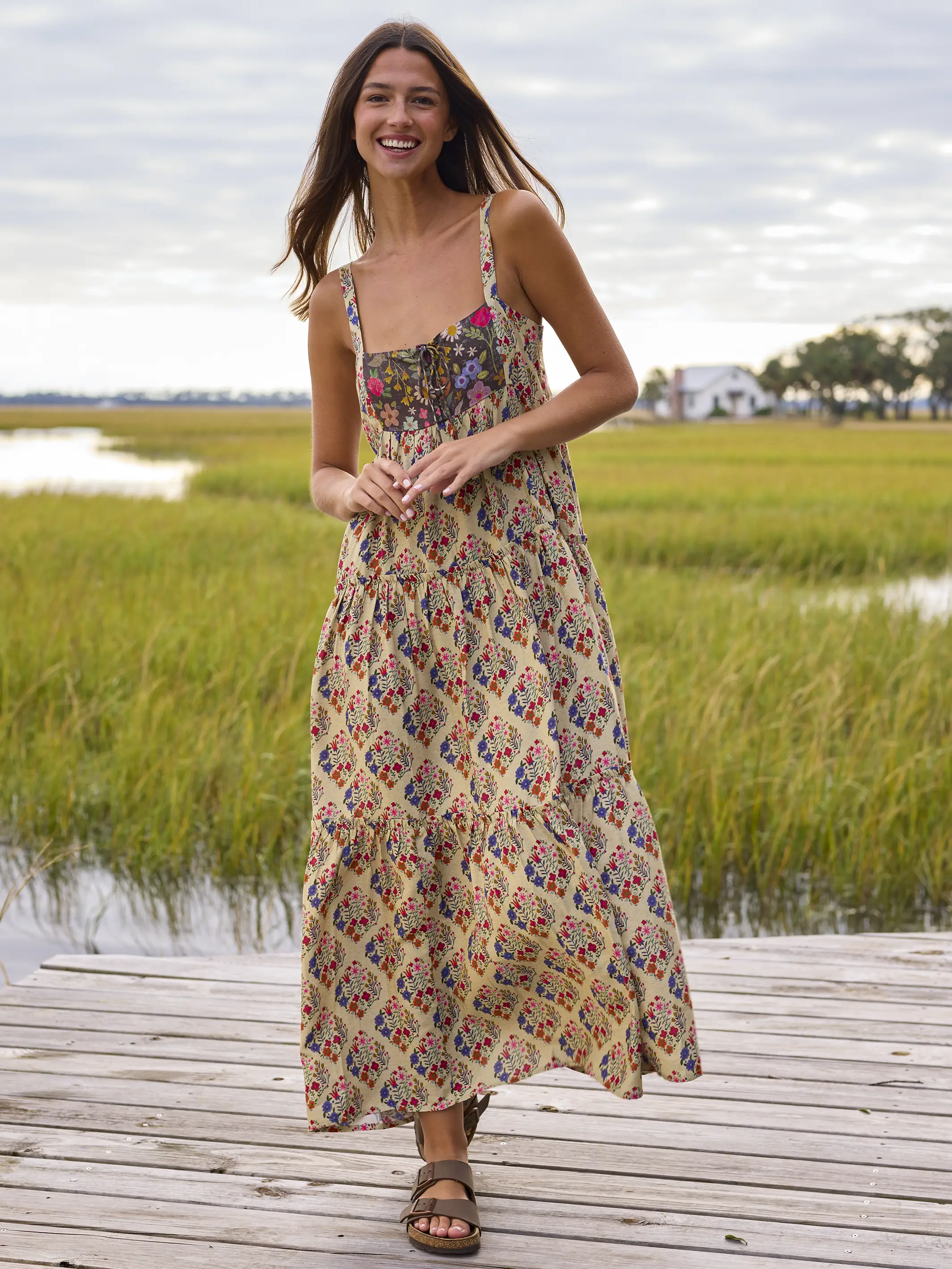 Cami Tie-Front Maxi Dress - Ditsy Diamonds Cream - Image 2