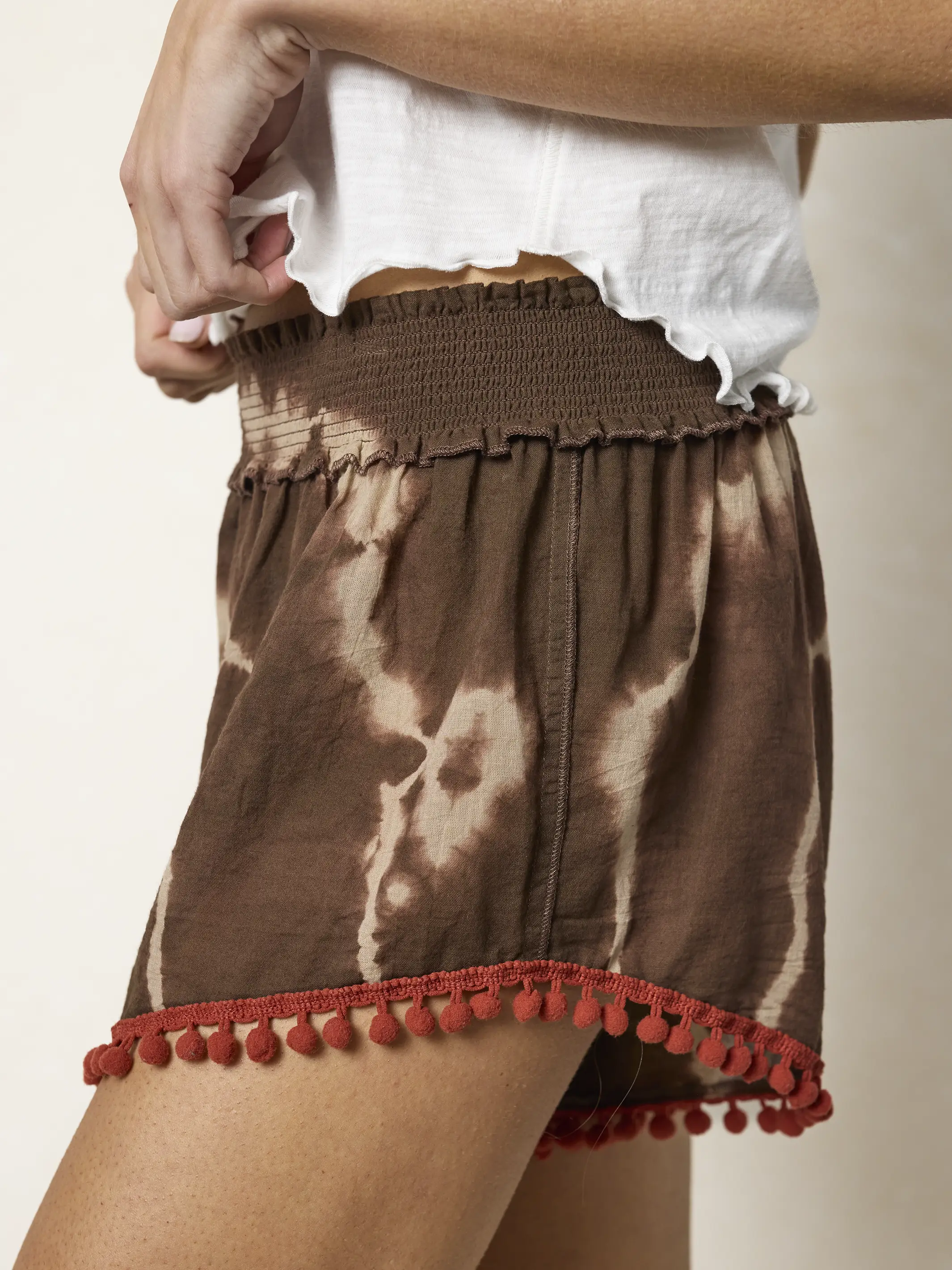 Cotton Pom Pom Shorts - Brown Cream Tie-Dye - Image 3