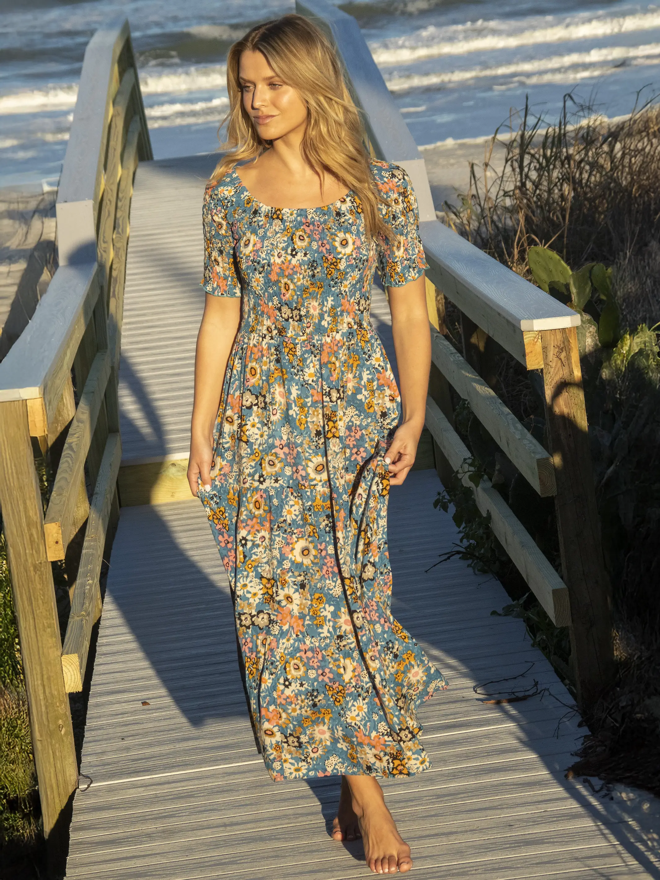 Daisy Tiered Maxi Dress - Blue Tan Floral - Image 5