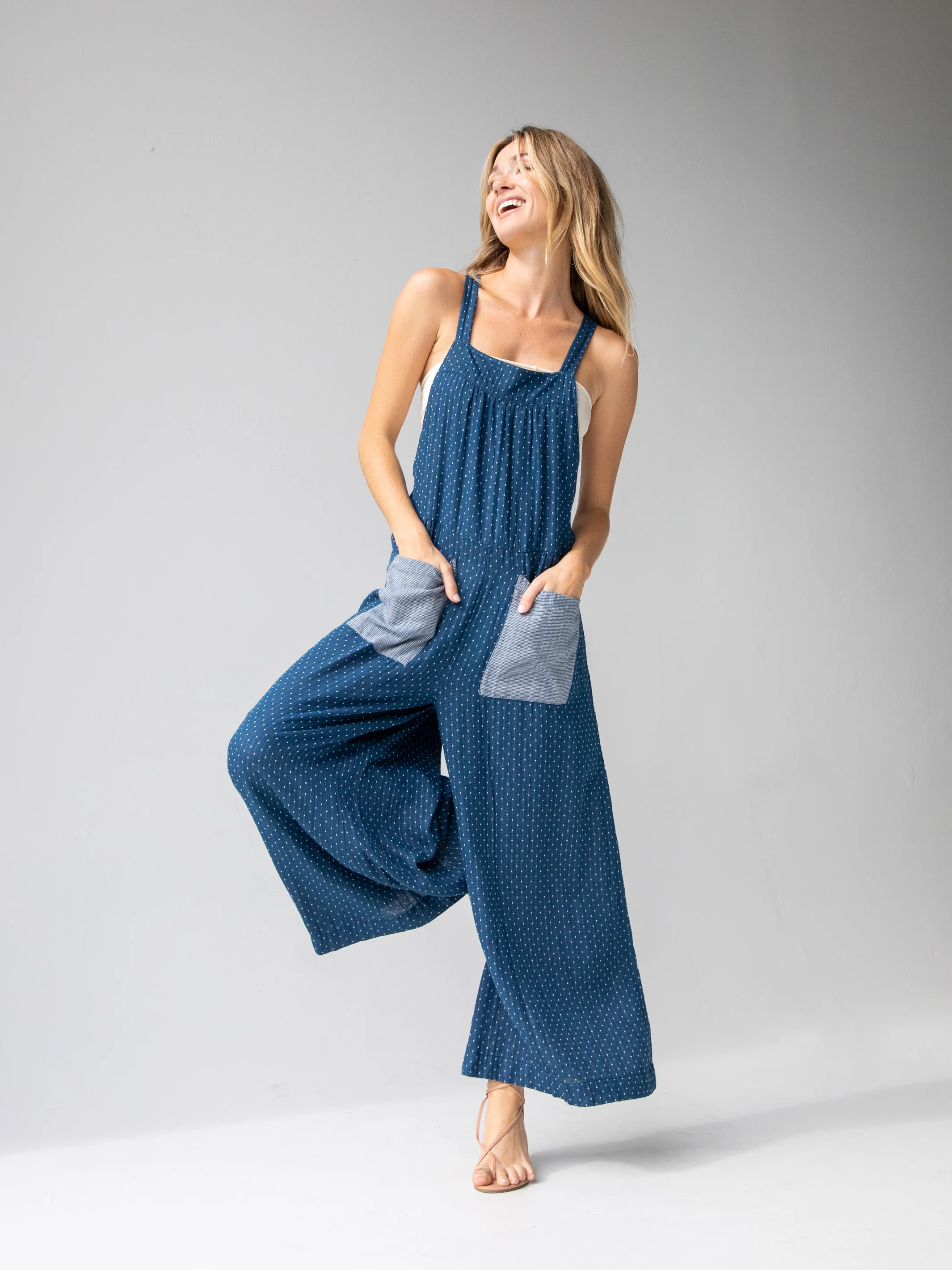Dakota Cotton Tie Overall - Navy Polka Dots - Image 2