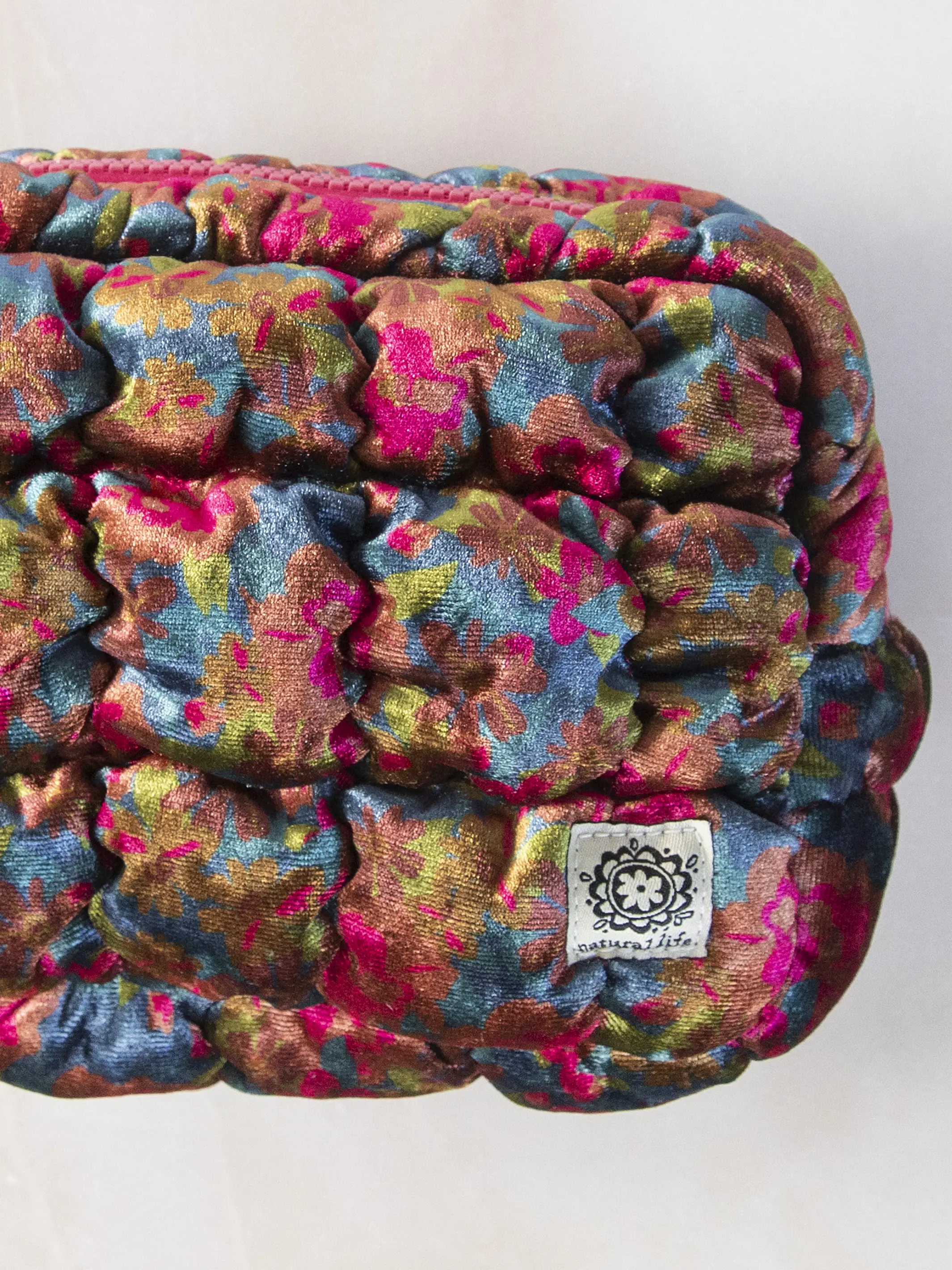 Dana Velvet Puffy Pouch - Teal Pink Floral - Image 2