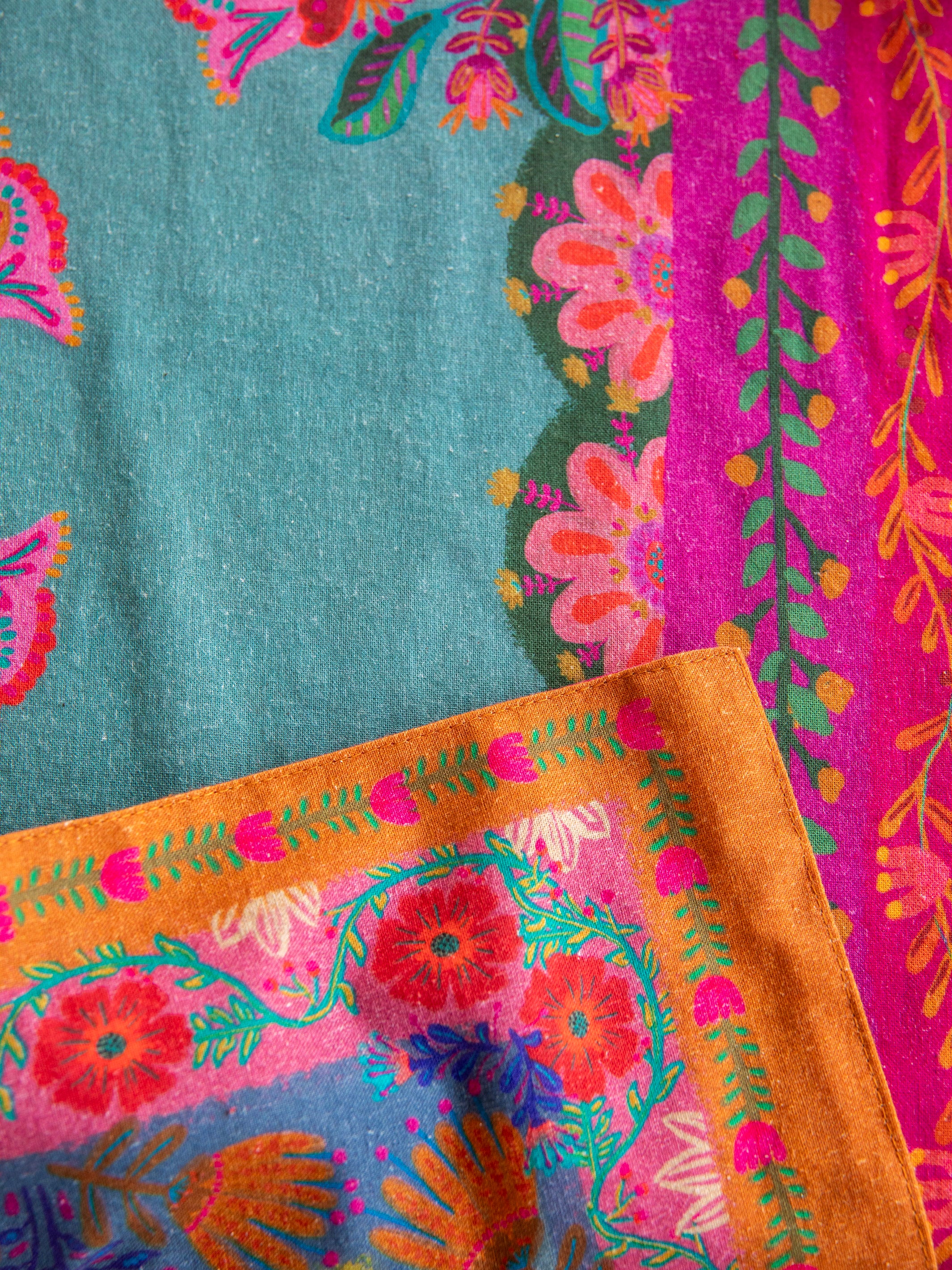 Double-Sided Bohemian Bungalow Table Runner - Teal Borders - Image 3
