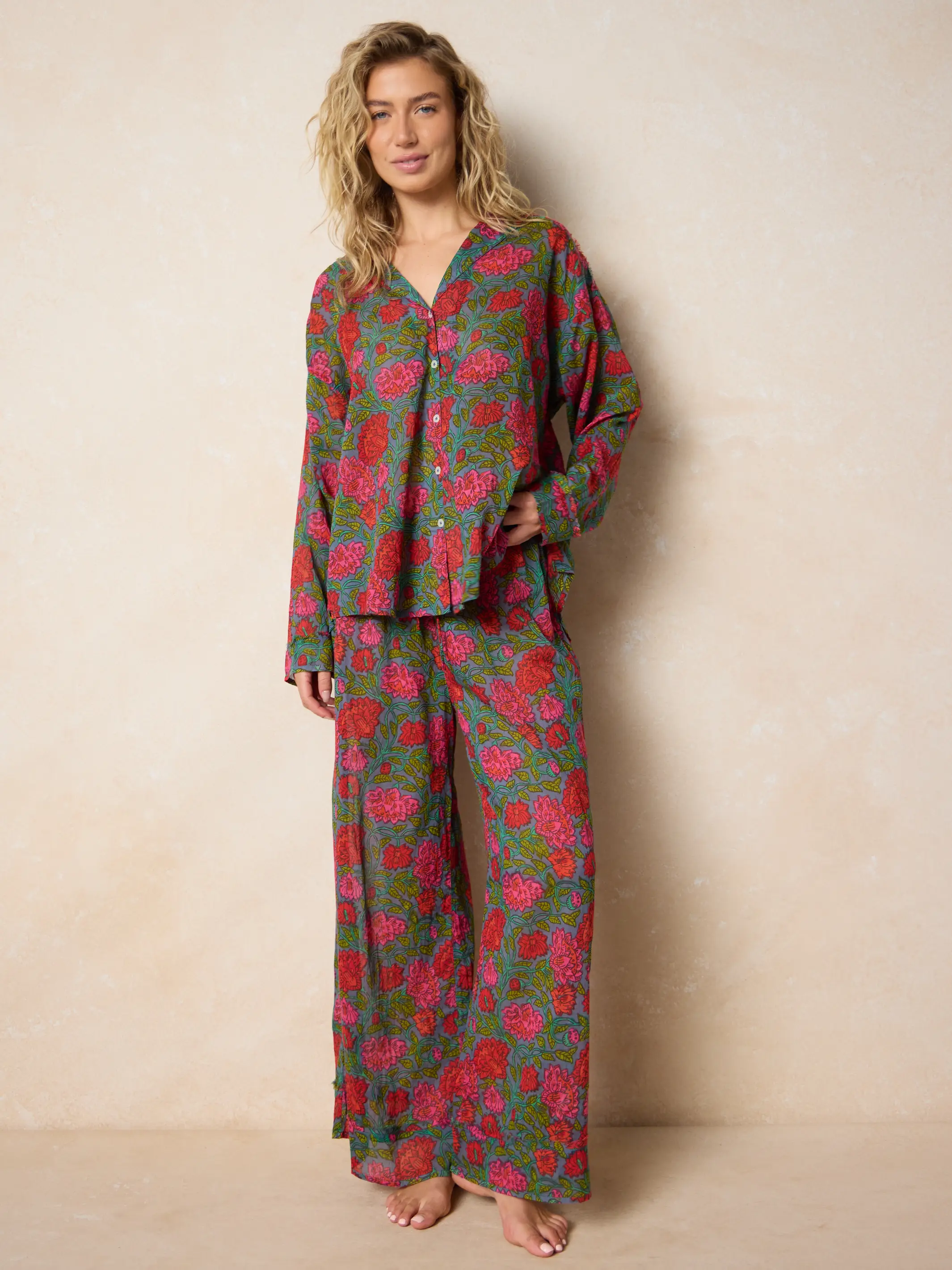 Dreamy Cotton Pajama Set - Blue Lush Zinnias - Image 2