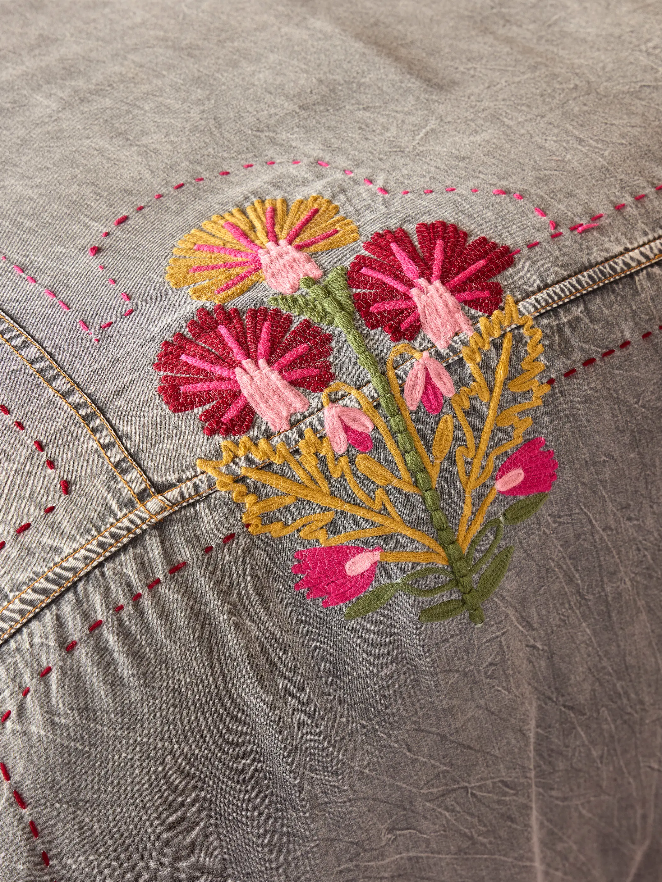 Embroidered Denim Duvet Cover - Light Grey - Image 3