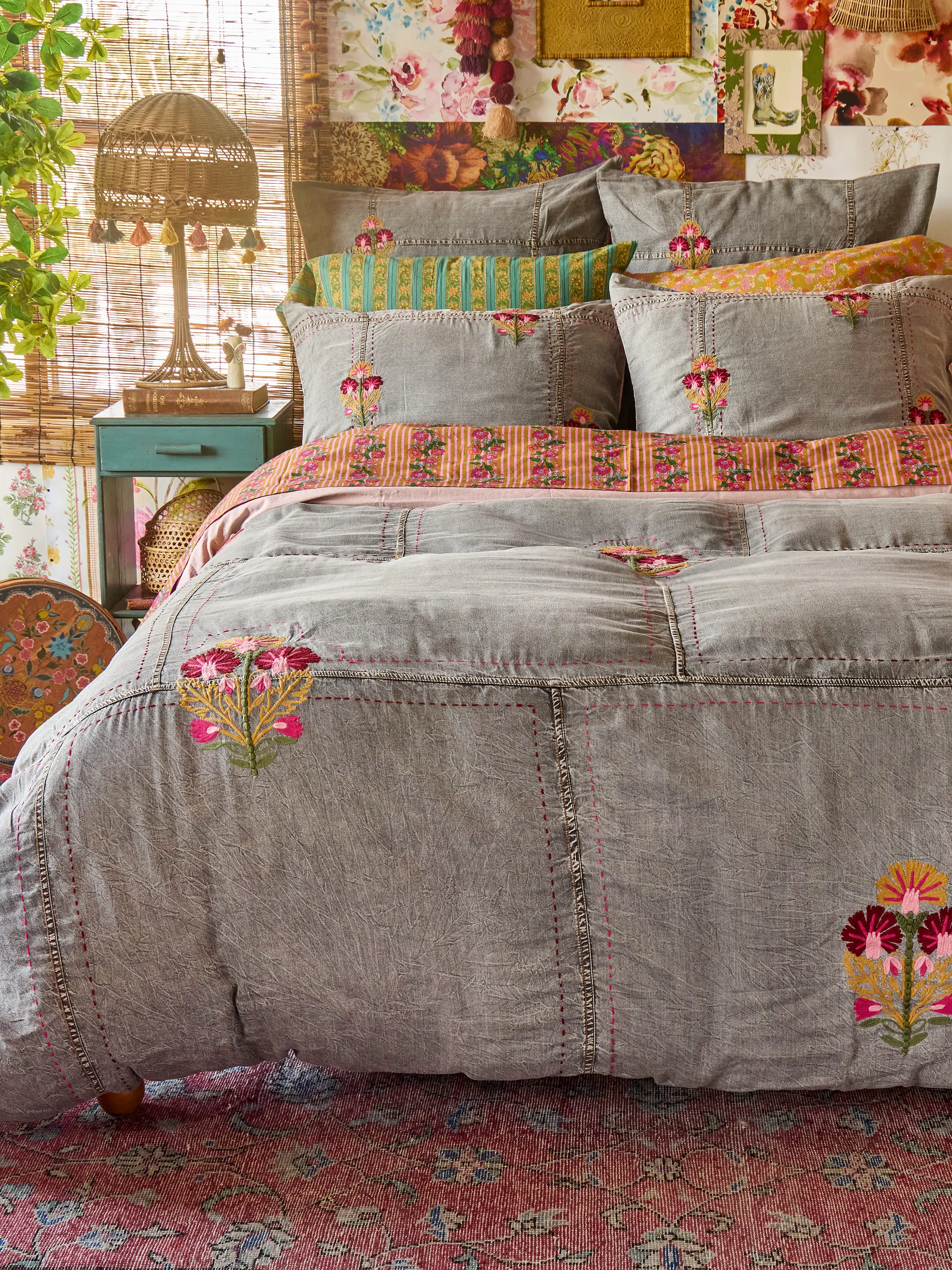 Embroidered Denim Shams, Set of 2 - Light Grey - Image 4