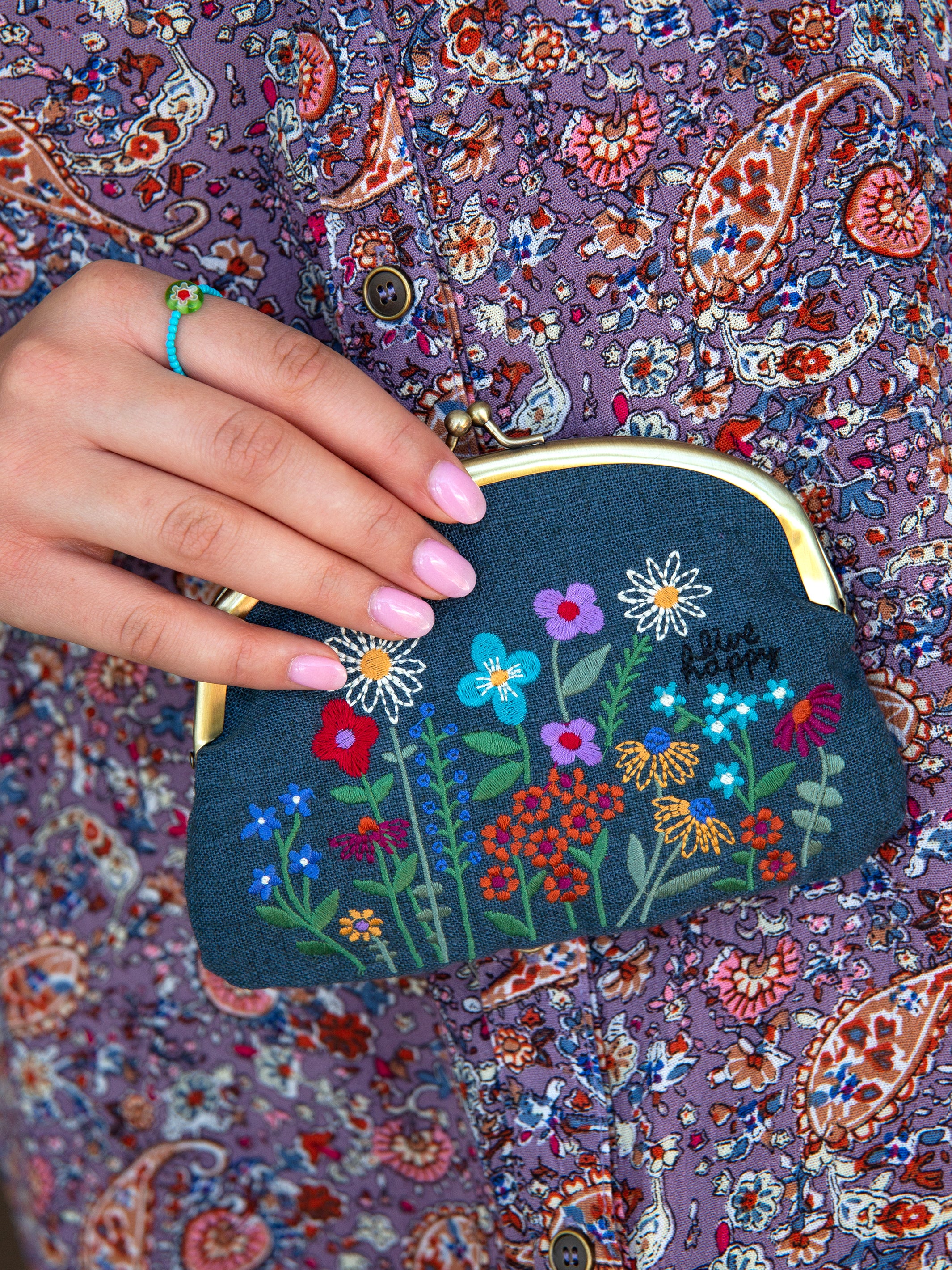 Embroidered Kisslock Coin Purse - Washed Navy - Image 2