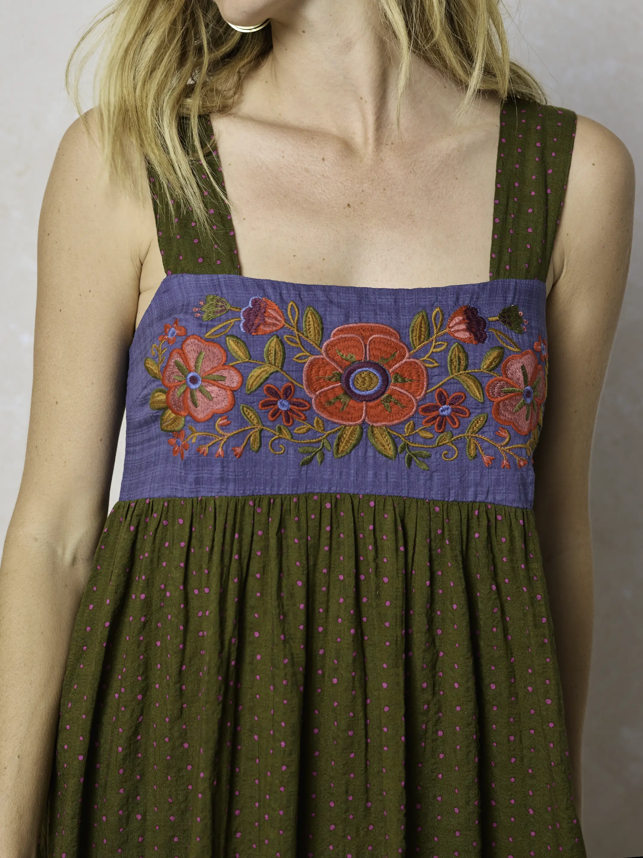 Embroidered Tricia Maxi Dress - Olive Polka Dot - Image 3