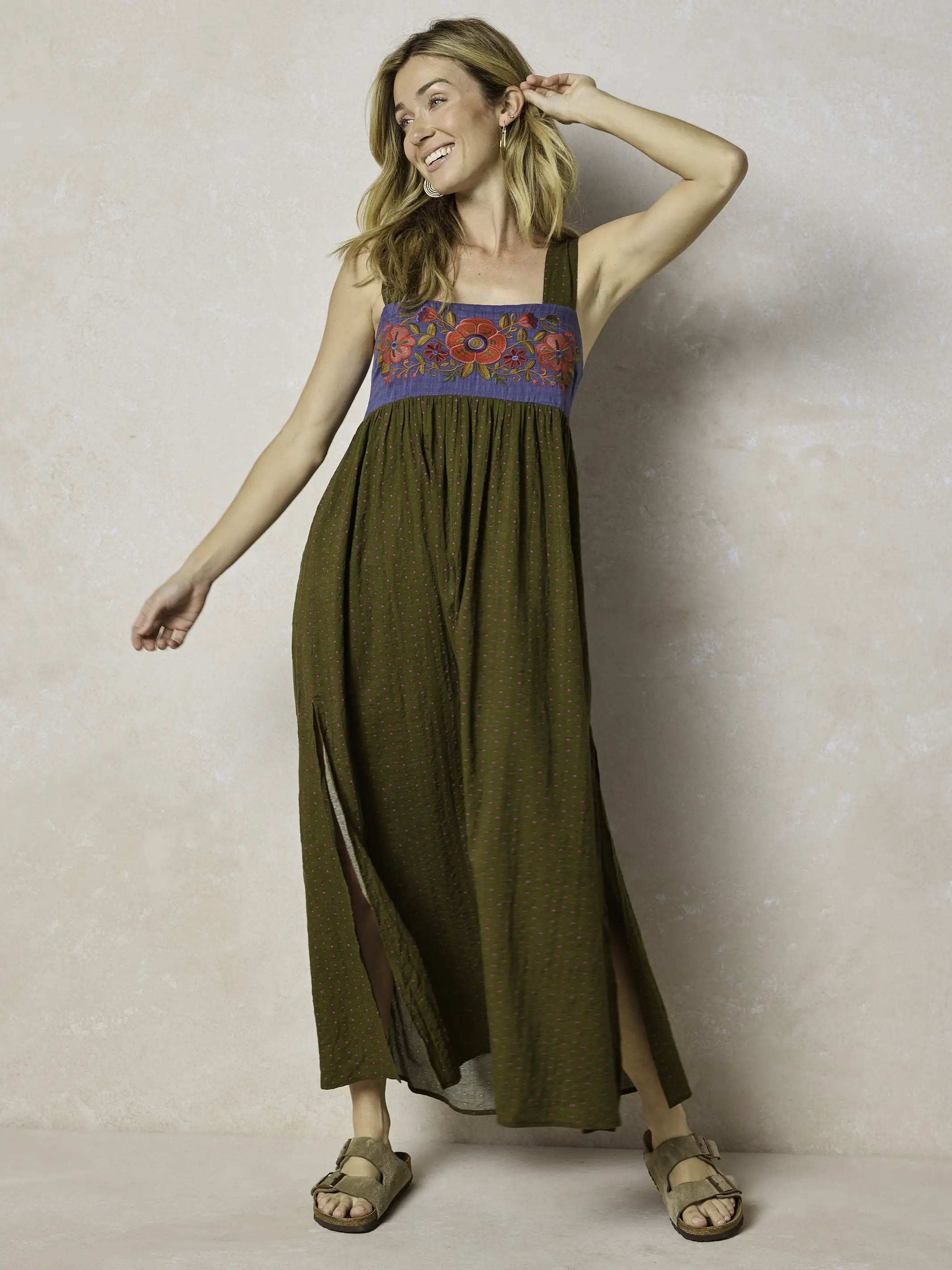 Embroidered Tricia Maxi Dress - Olive Polka Dot - Image 7