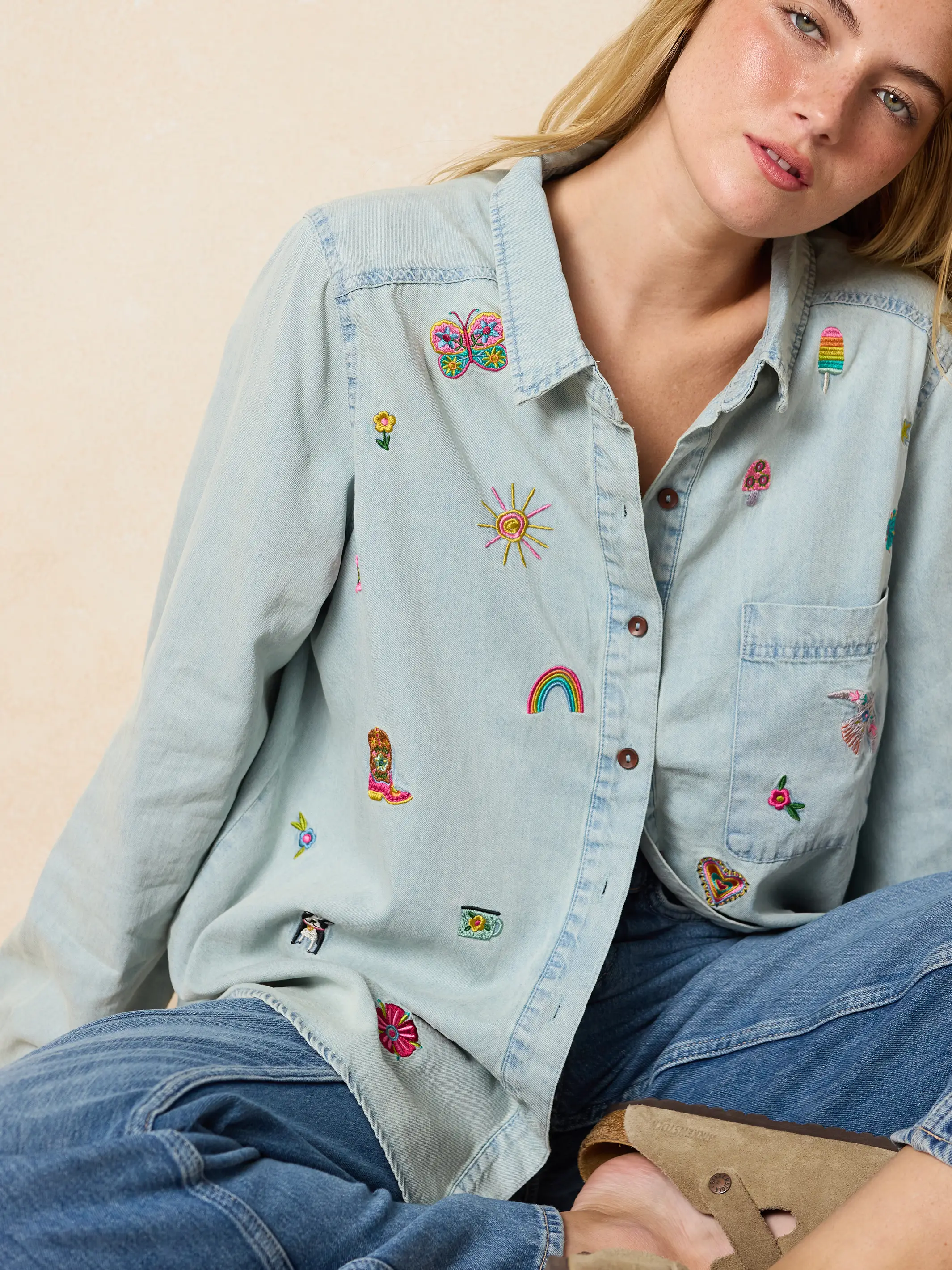 Fave Little Things Embroidered Shirt - Light Wash Denim - Image 3