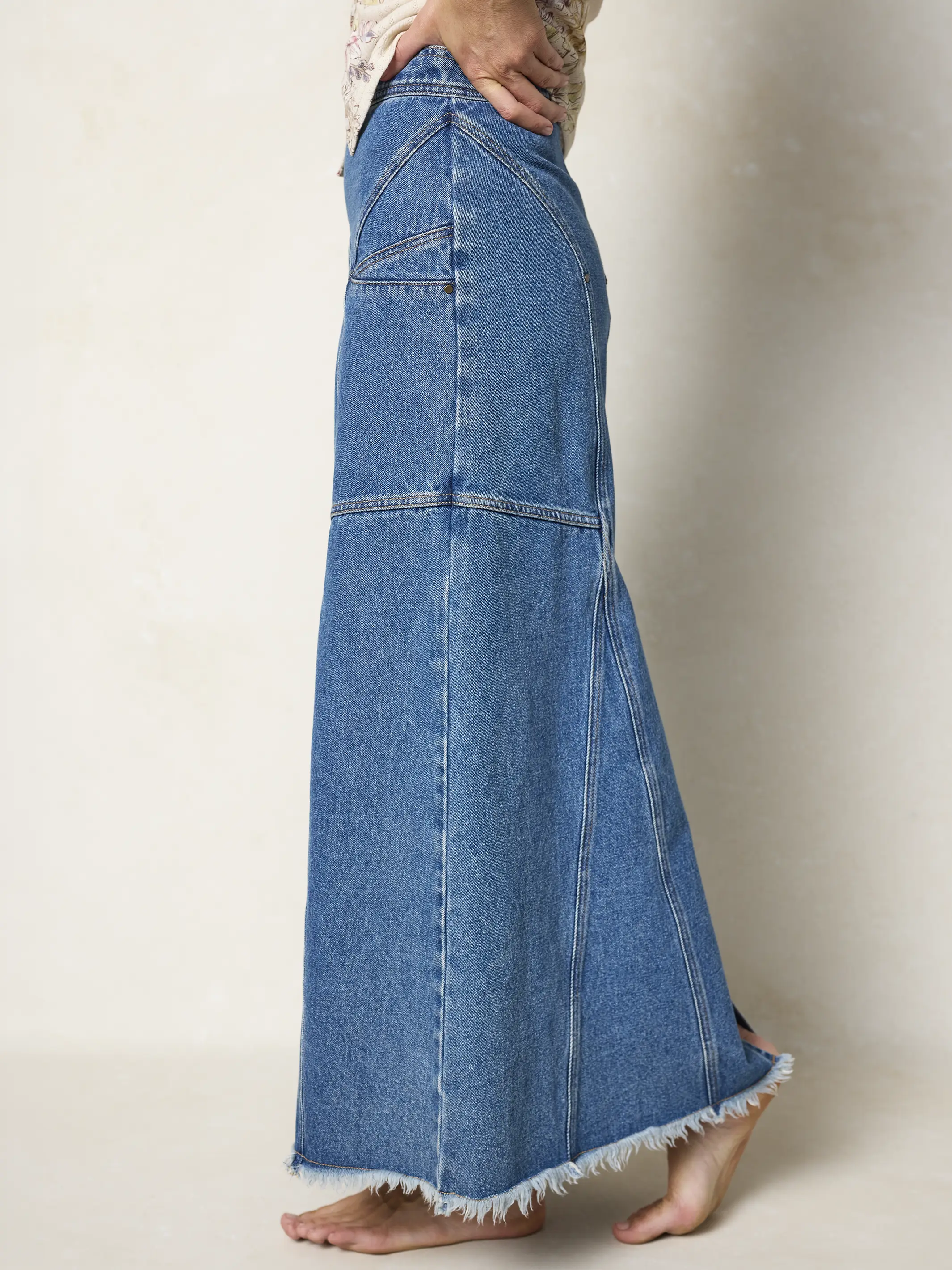 Fitted Cotton Denim Maxi Skirt - Medium Wash - Image 2