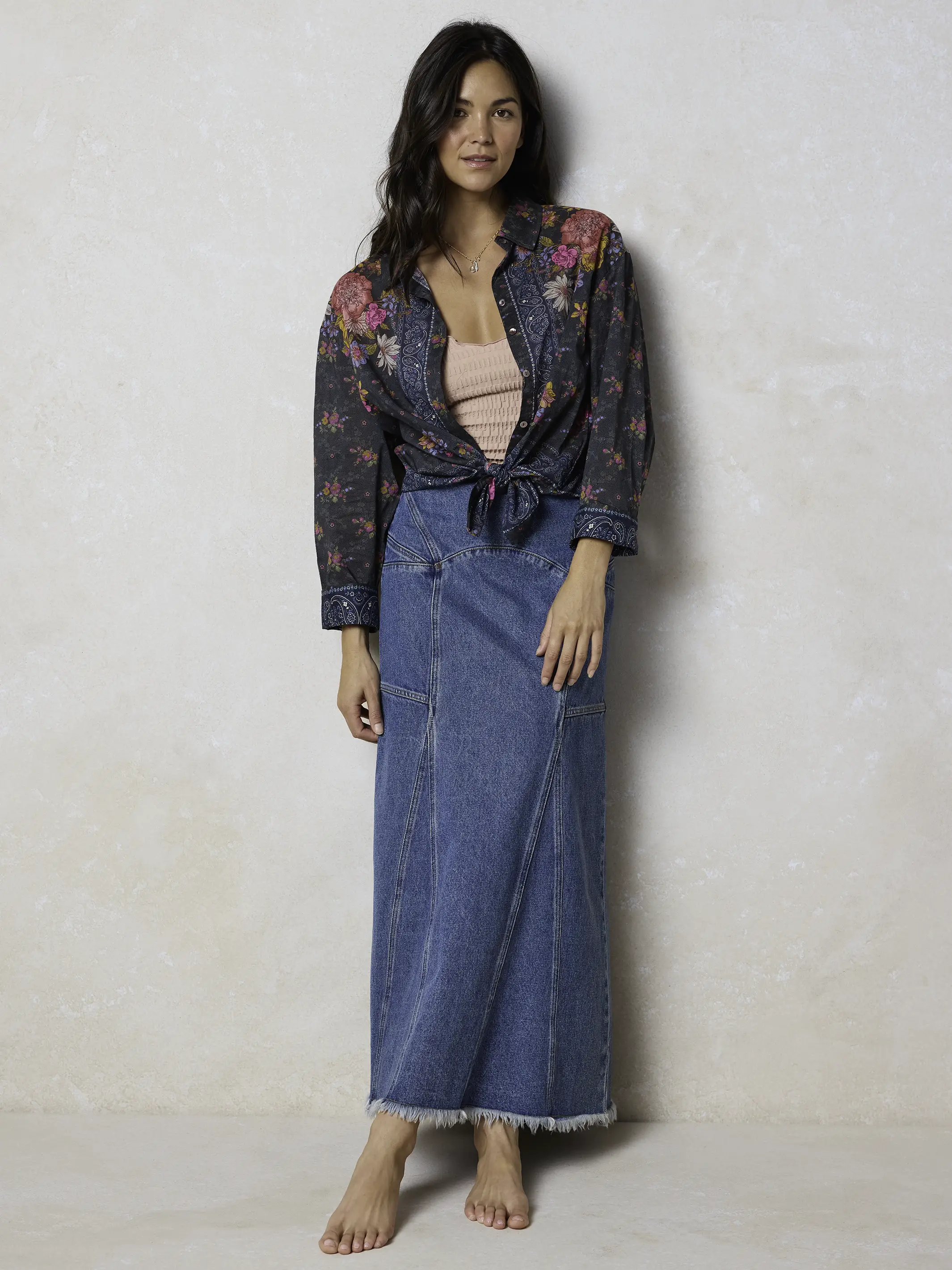 Fitted Cotton Denim Maxi Skirt - Medium Wash - Image 3
