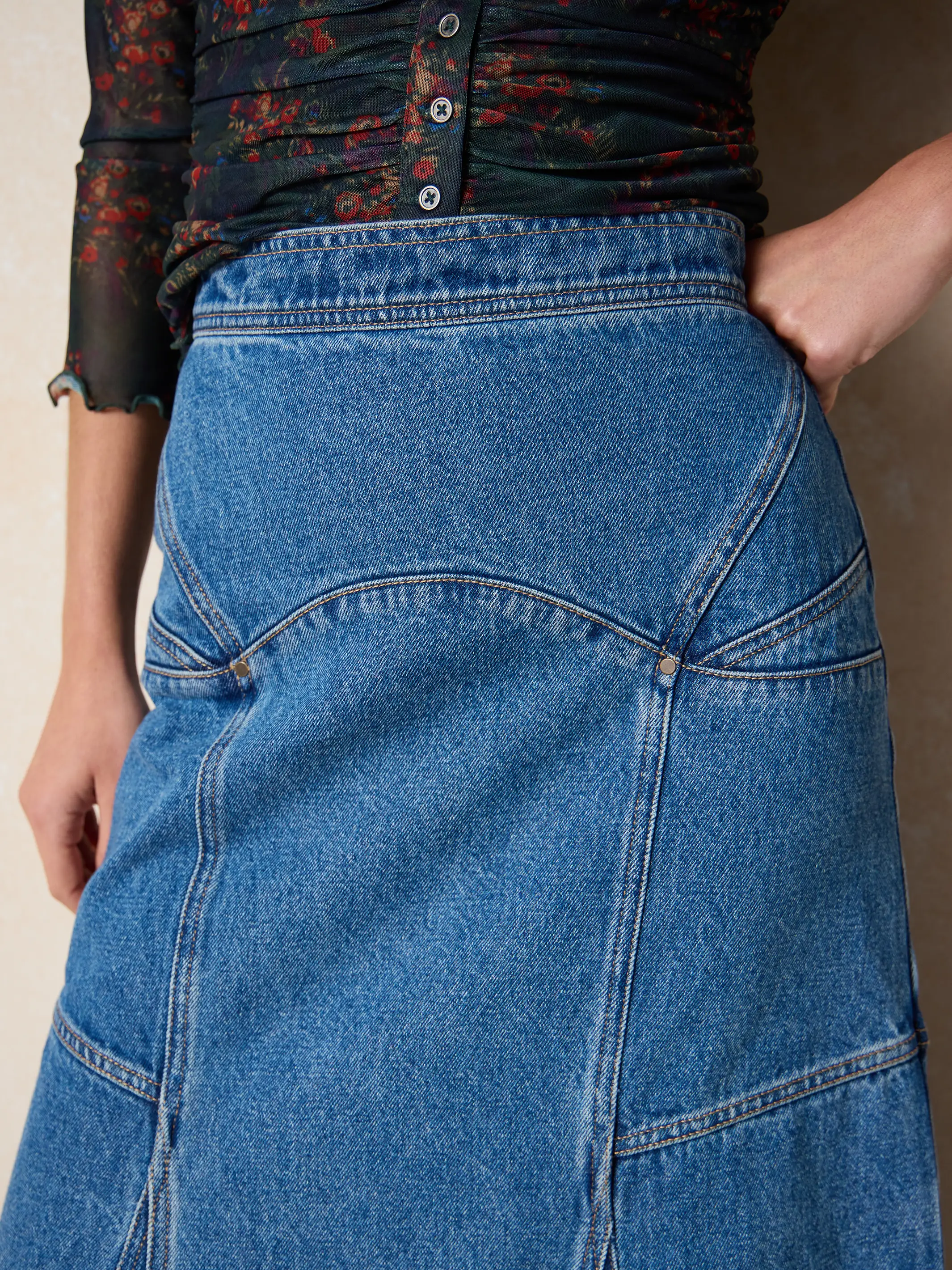Fitted Cotton Denim Maxi Skirt - Medium Wash - Image 4
