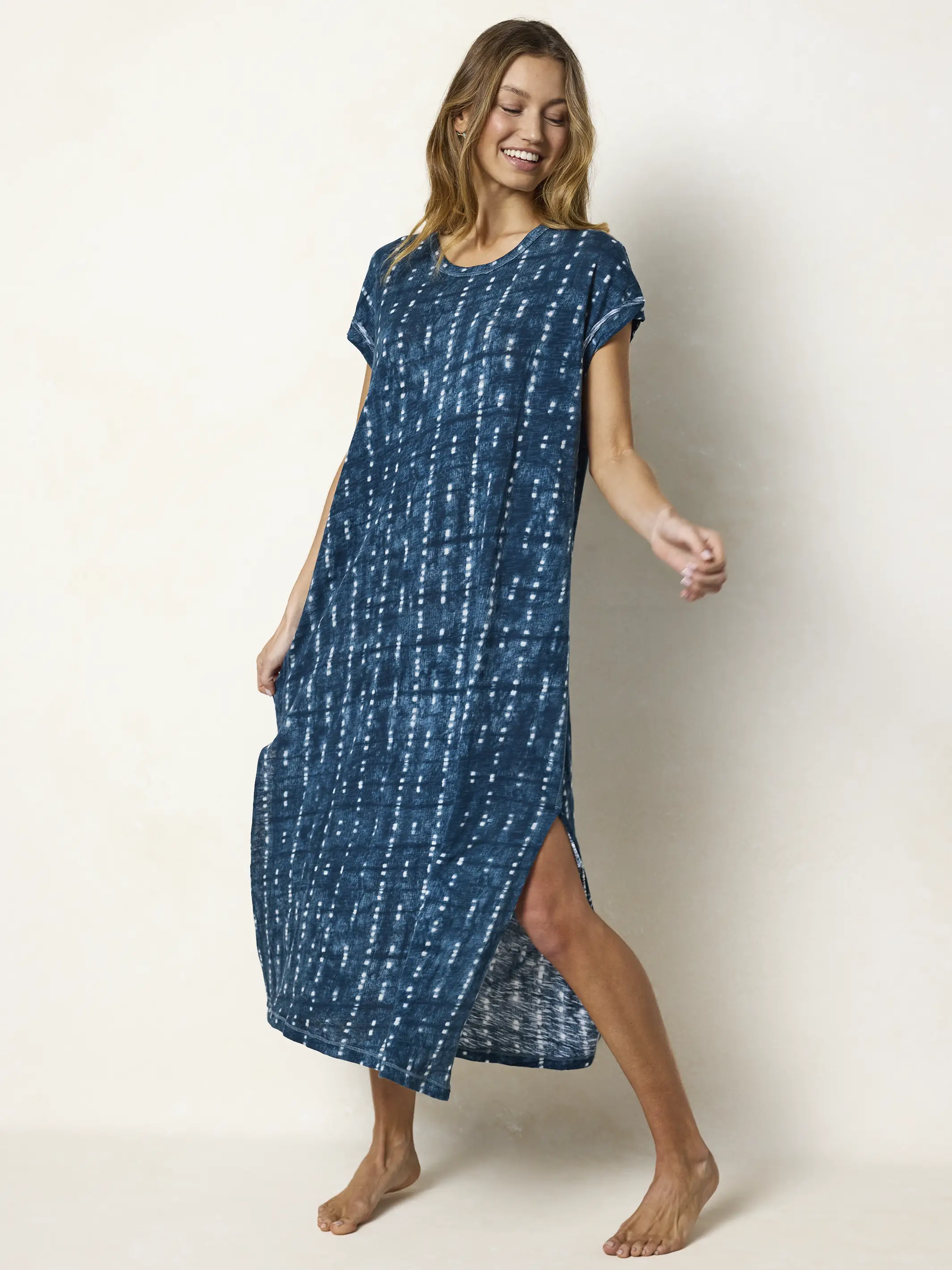 Frankie Knit Cotton Tee Midi Dress - Indigo Shibori Stripe - Image 4