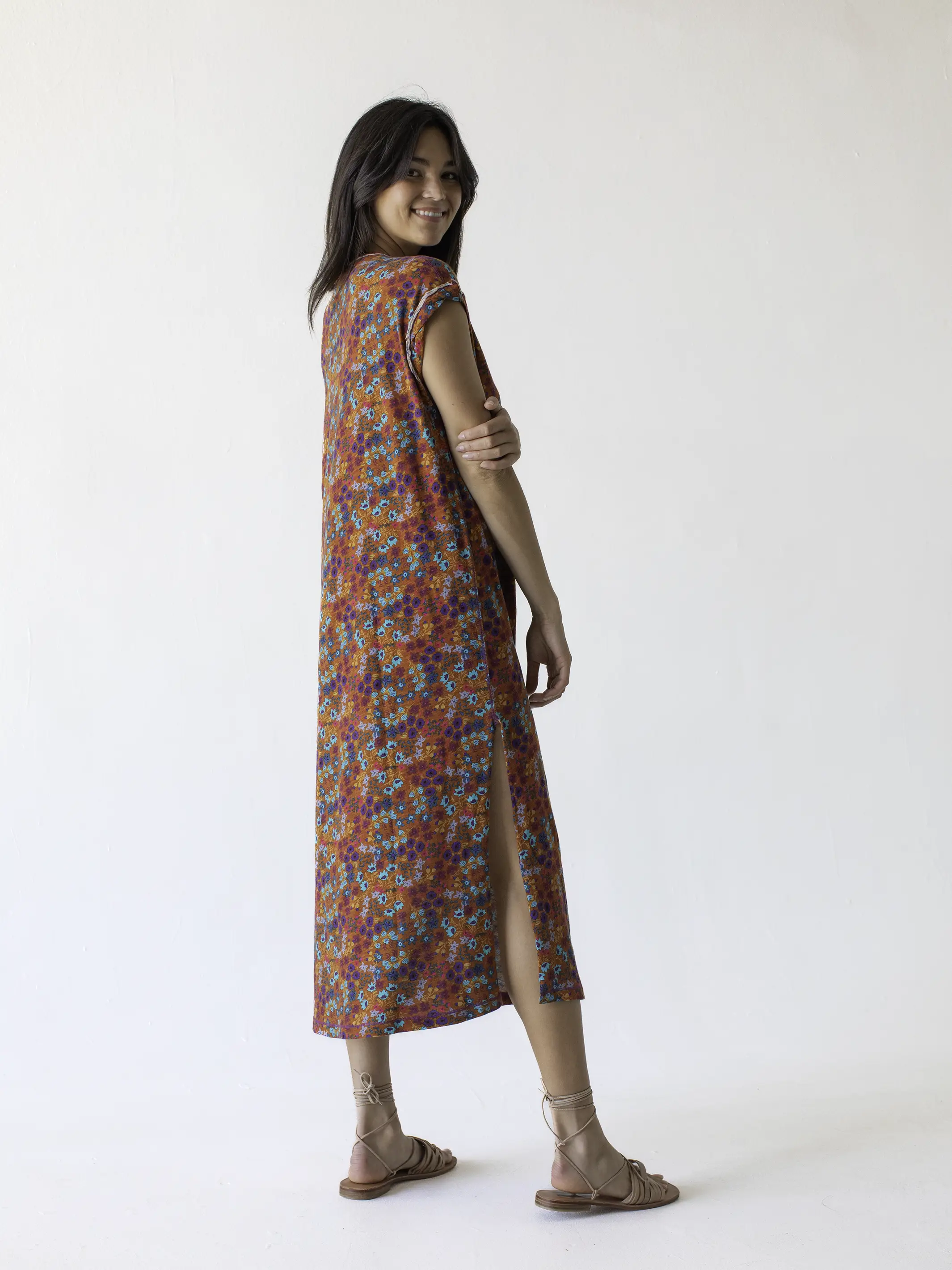 Frankie Knit Cotton Tee Midi Dress - Rust Turquoise Floral - Image 3