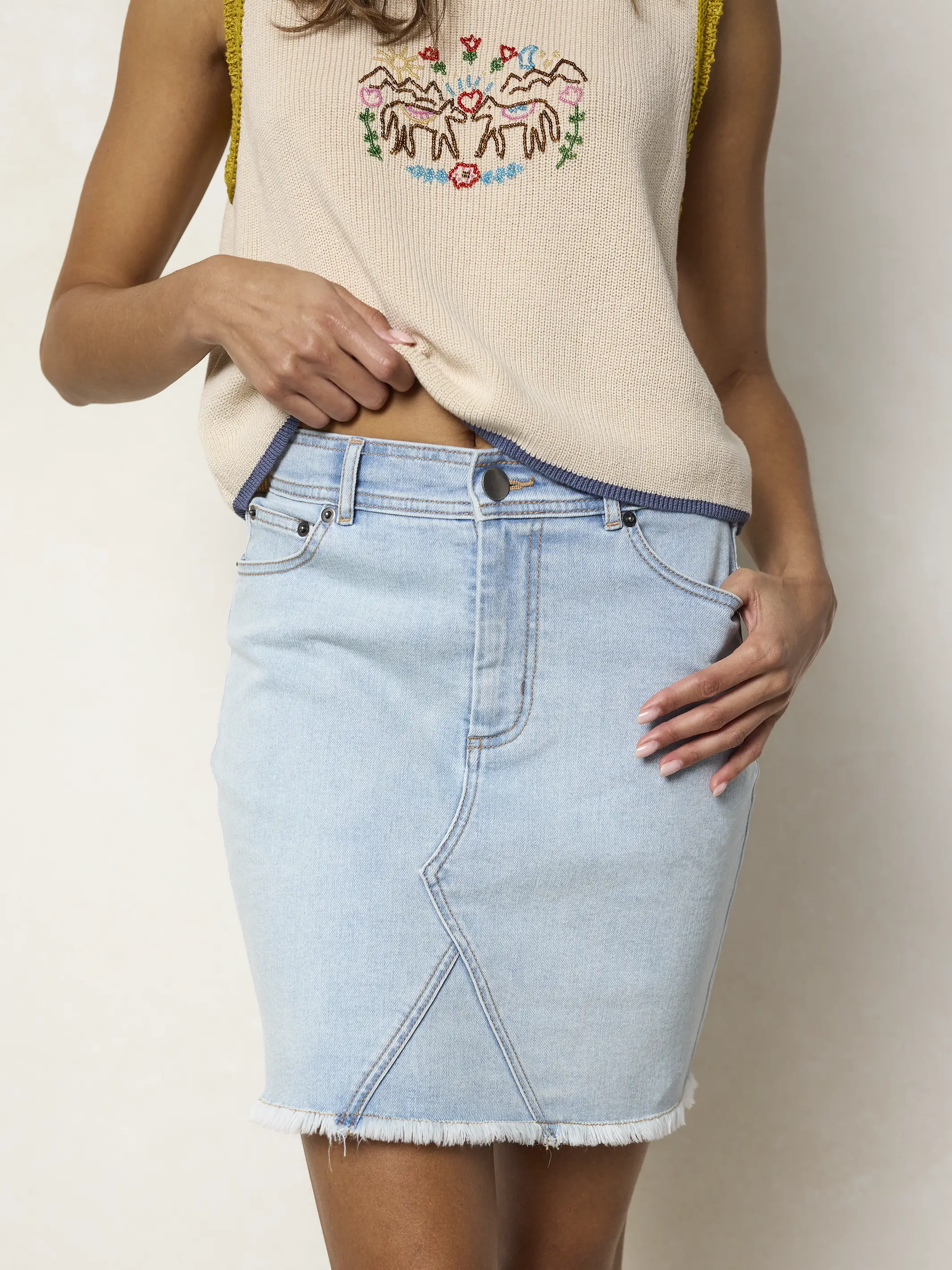 Frayed Denim Mini Skirt - Light Wash - Image 3