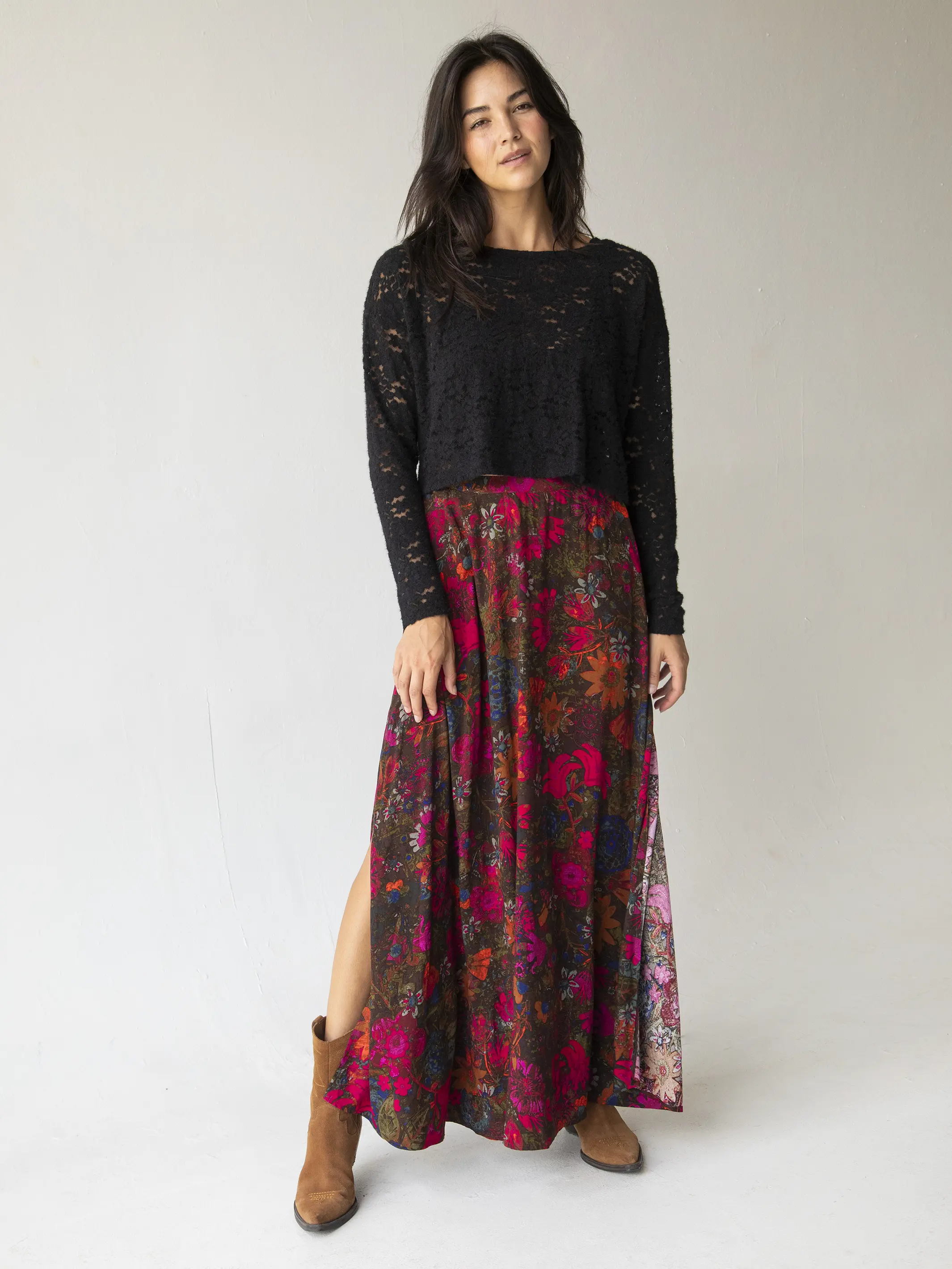 Ginger Side-Slit Maxi Skirt - Pink Calico Floral - Image 3