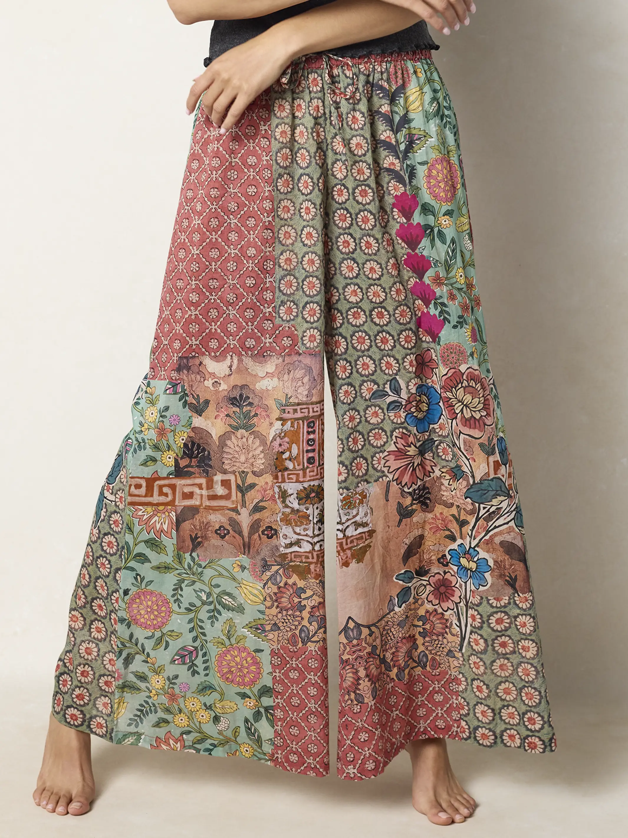 Go With The Flow Cotton Wide Leg Pants - Patchwork Medallion Floral - Image 3