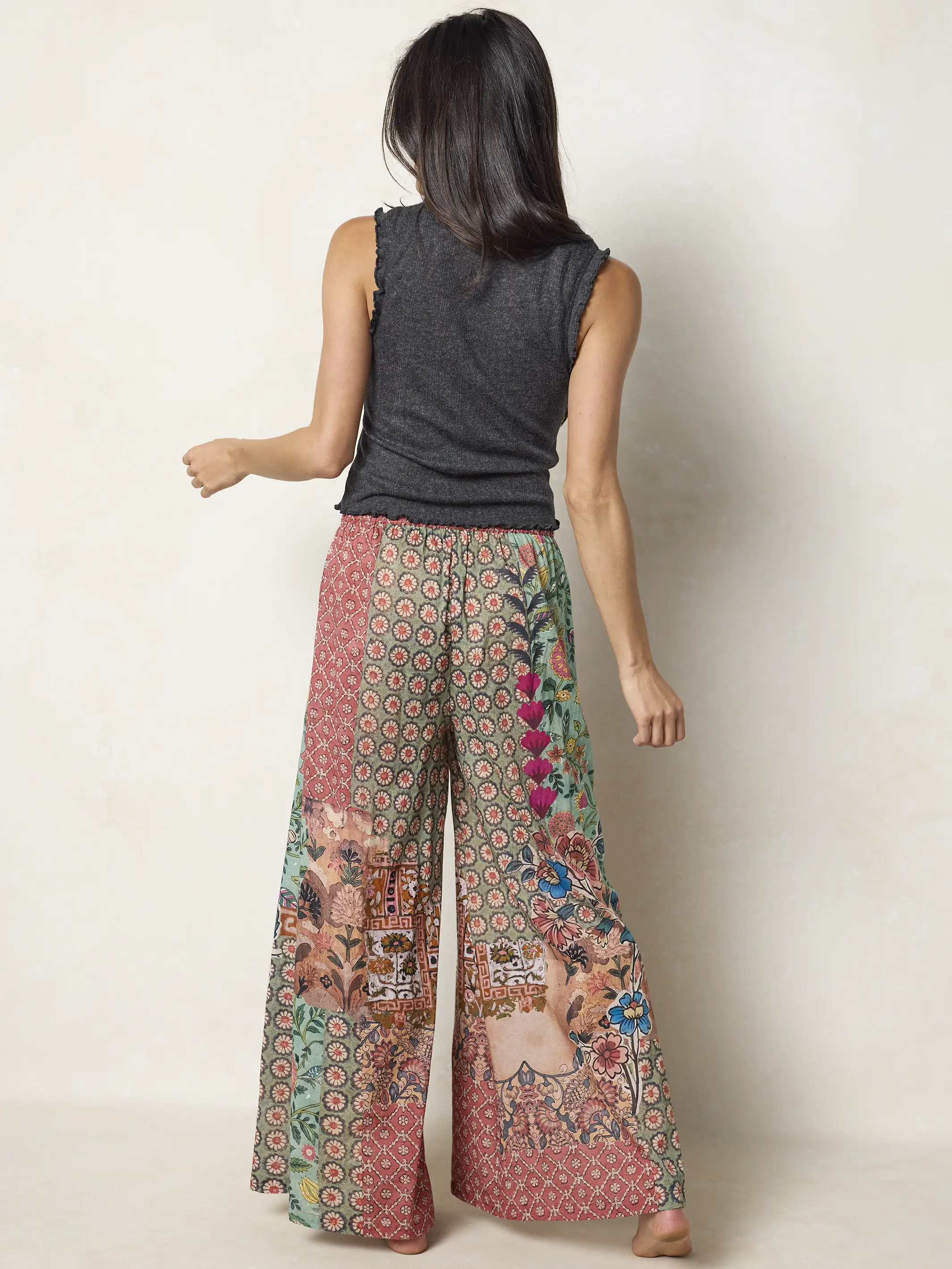 Go With The Flow Cotton Wide Leg Pants - Patchwork Medallion Floral - Image 4