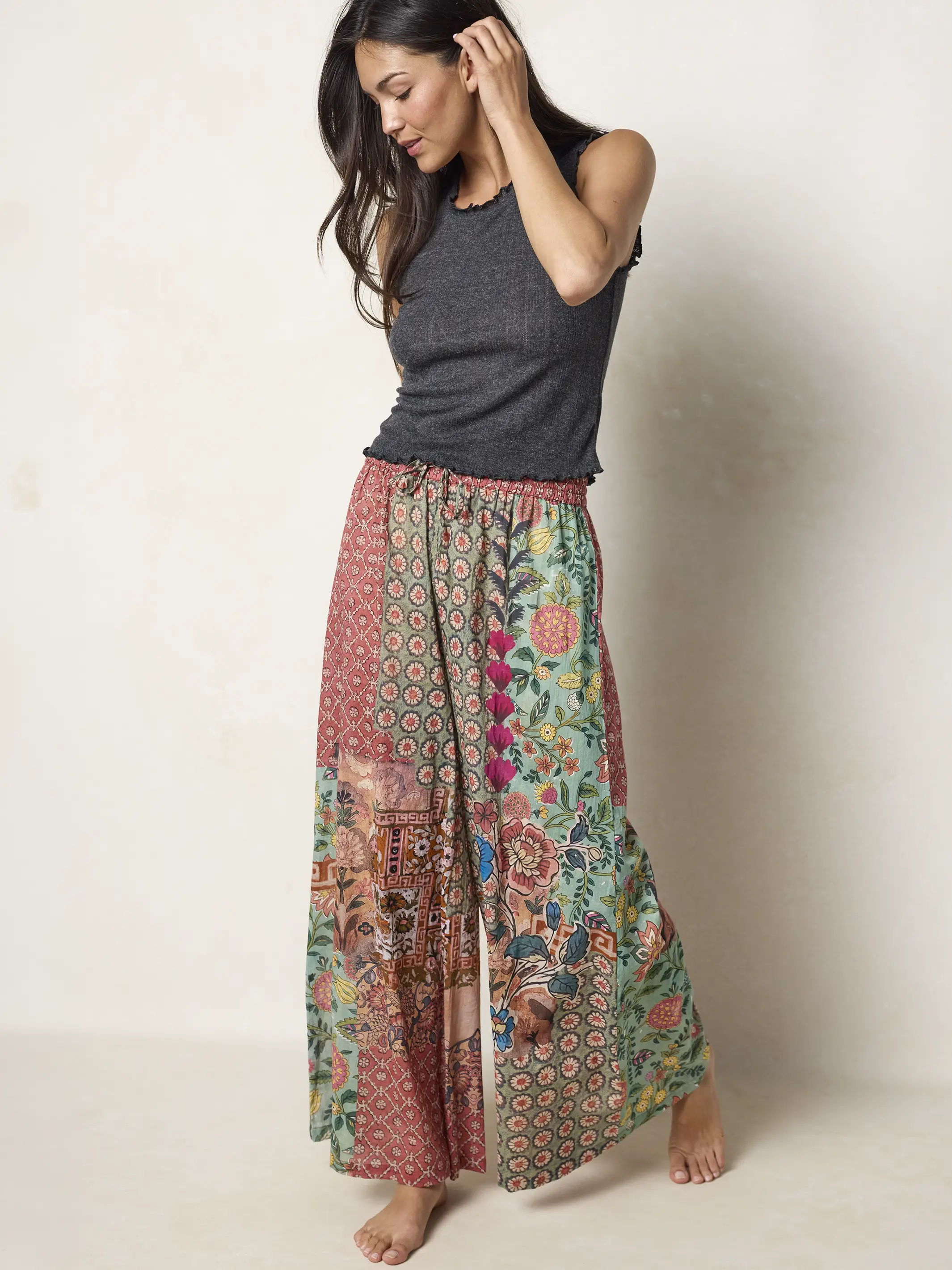 Go With The Flow Cotton Wide Leg Pants - Patchwork Medallion Floral - Image 5