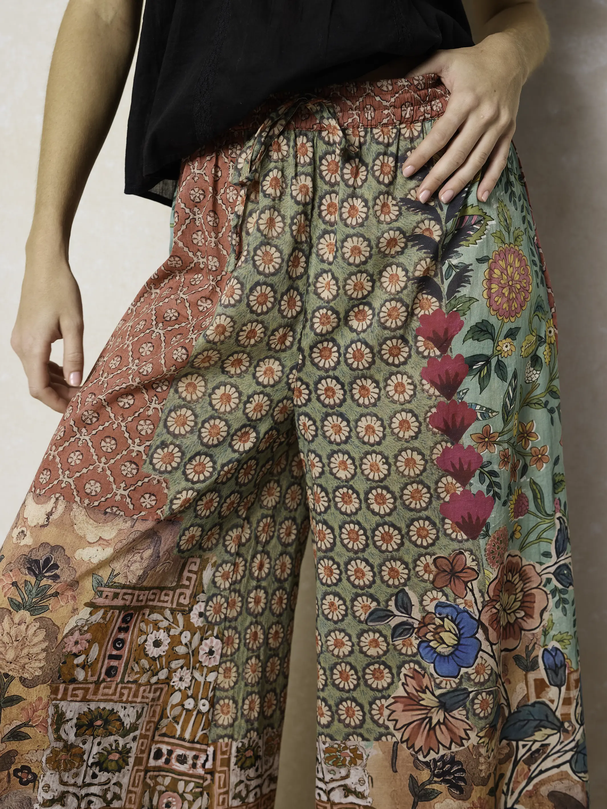Go With The Flow Cotton Wide Leg Pants - Patchwork Medallion Floral - Image 6