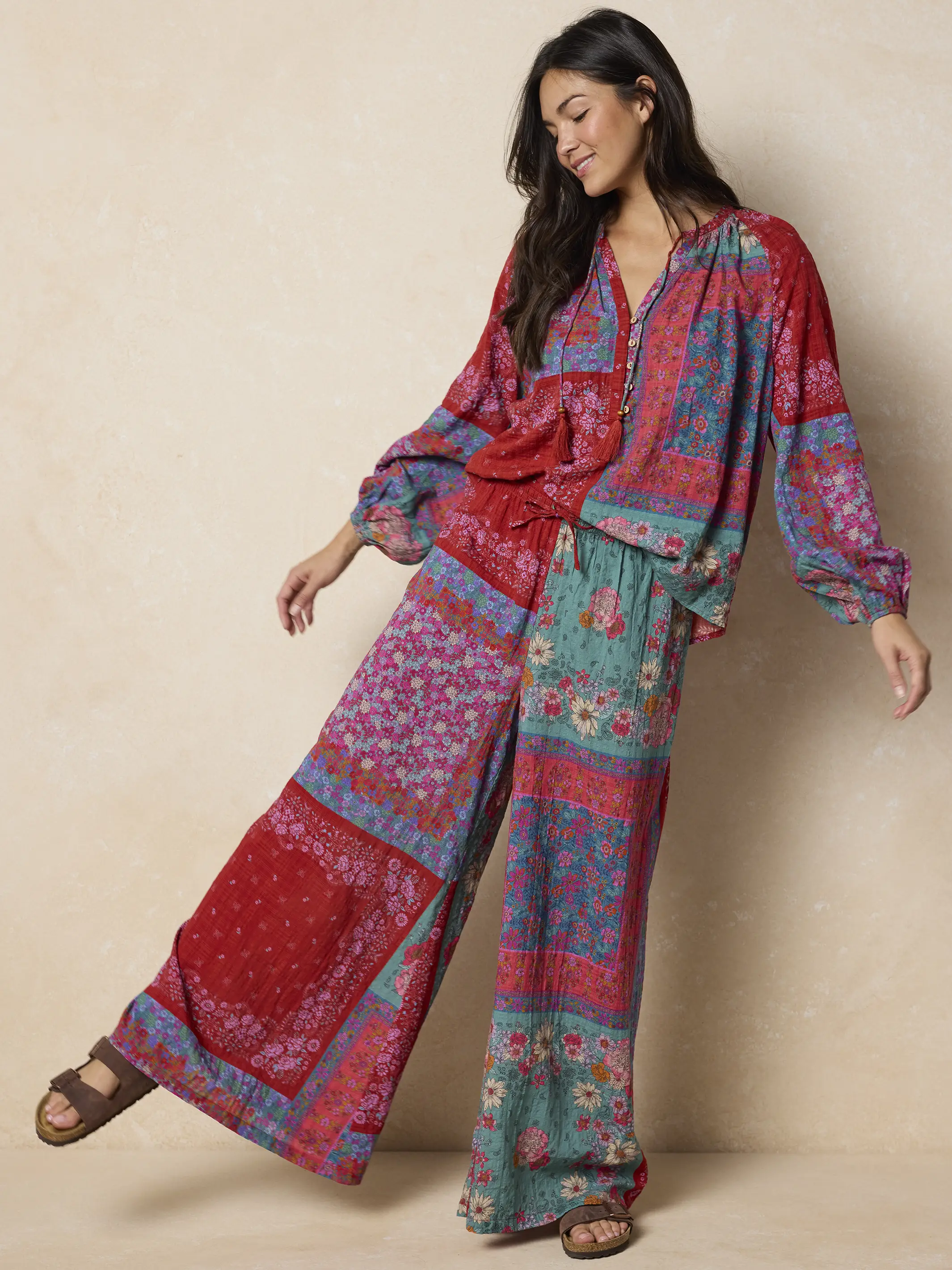 Go With The Flow Wide Leg Pants - Jewel Positano Scarf - Image 4
