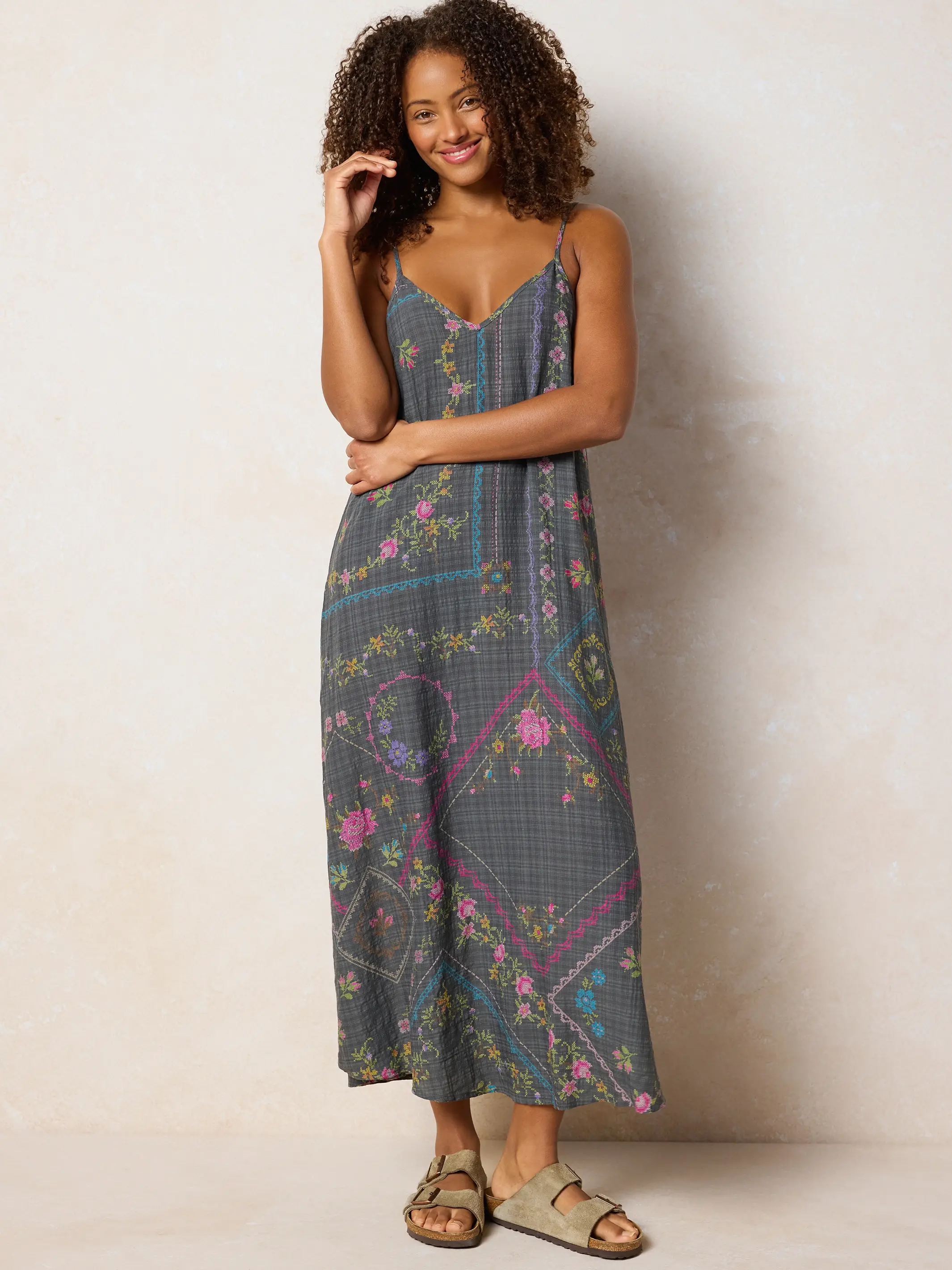 Gracie Slip Maxi Dress - Heirloom Cross Stitch Charcoal - Image 2