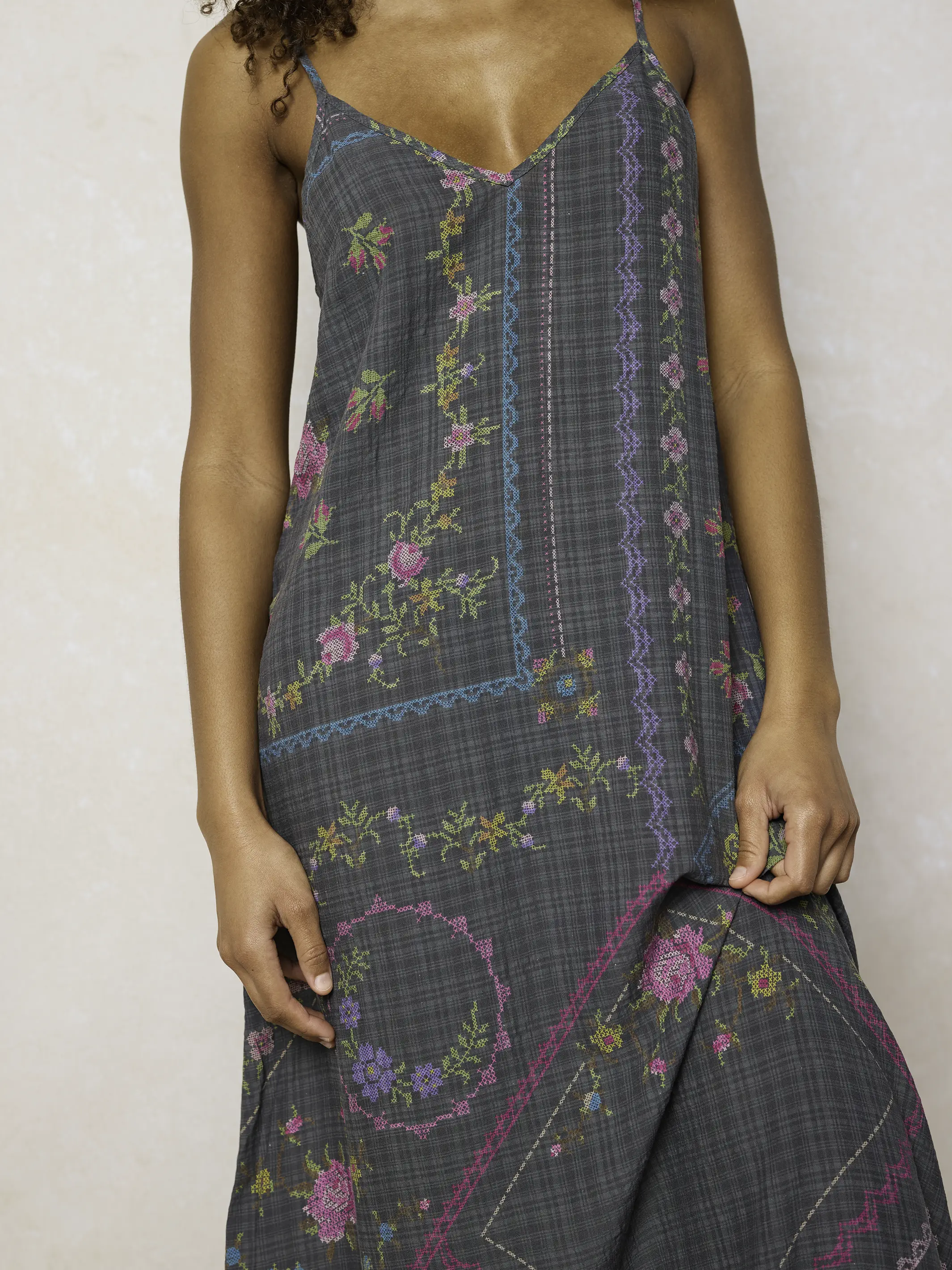 Gracie Slip Maxi Dress - Heirloom Cross Stitch Charcoal - Image 3