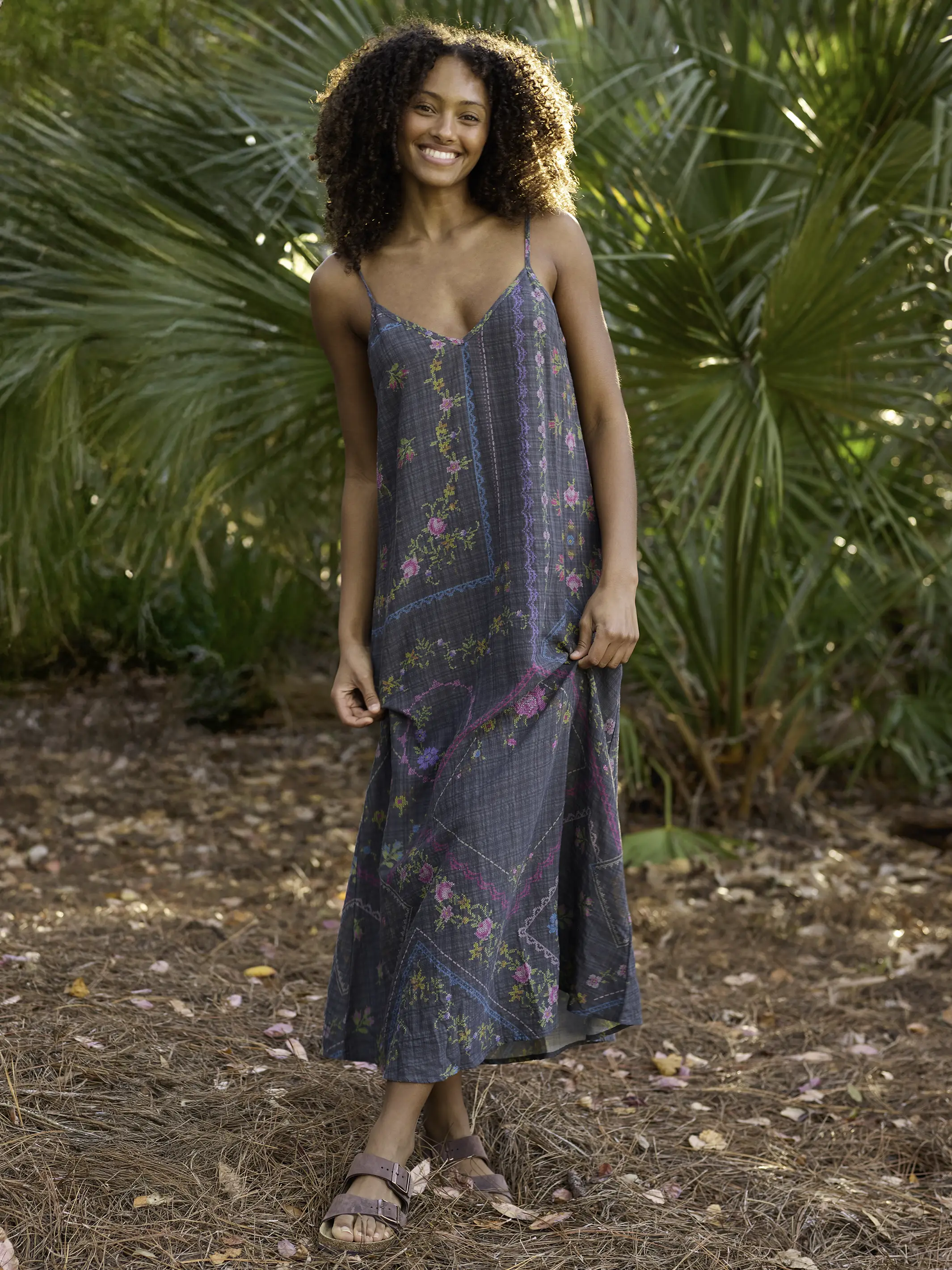 Gracie Slip Maxi Dress - Heirloom Cross Stitch Charcoal - Image 5