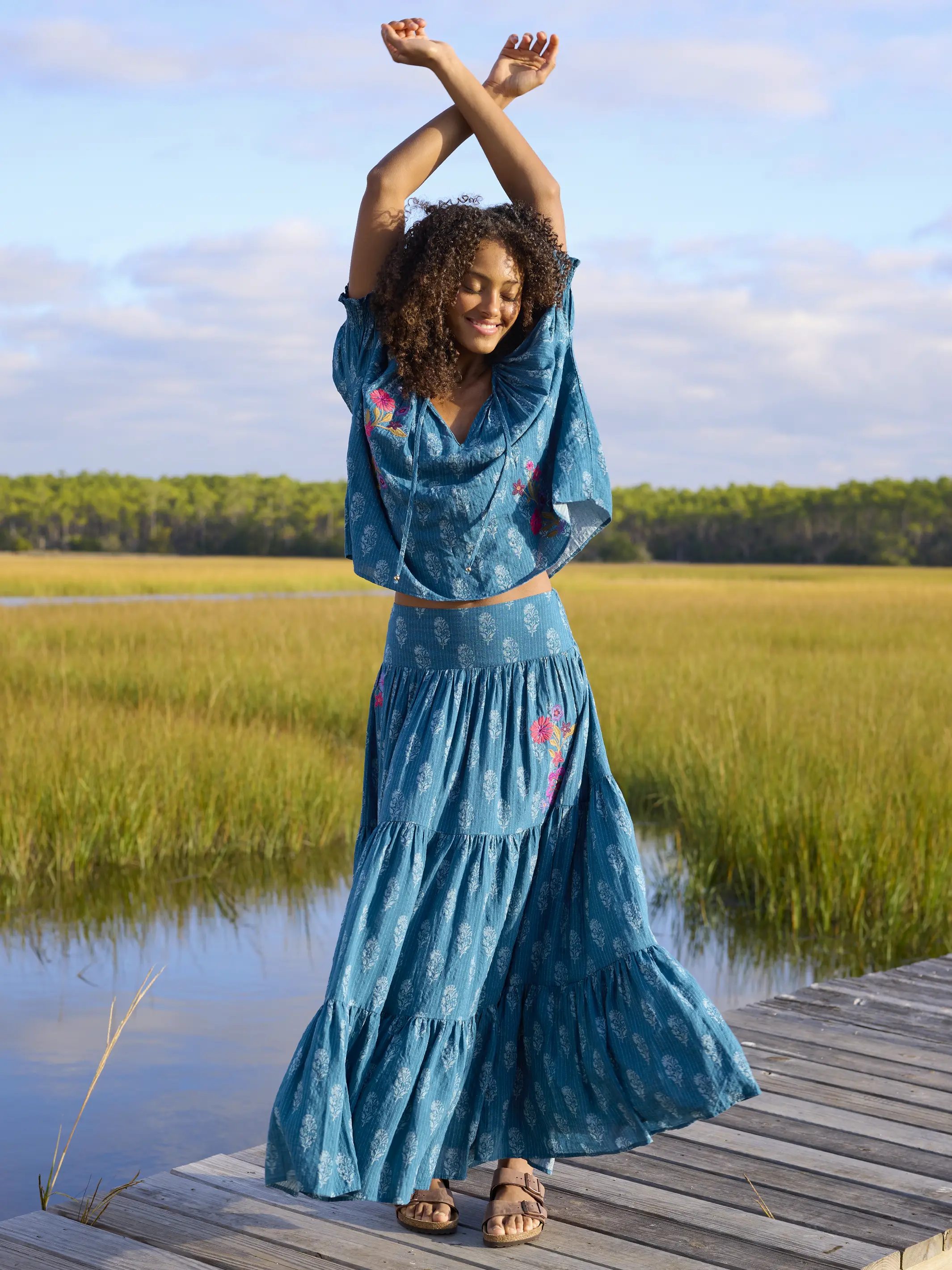 Hanna Embroidered Convertible Maxi Skirt - Block Stamp Indigo - Image 3