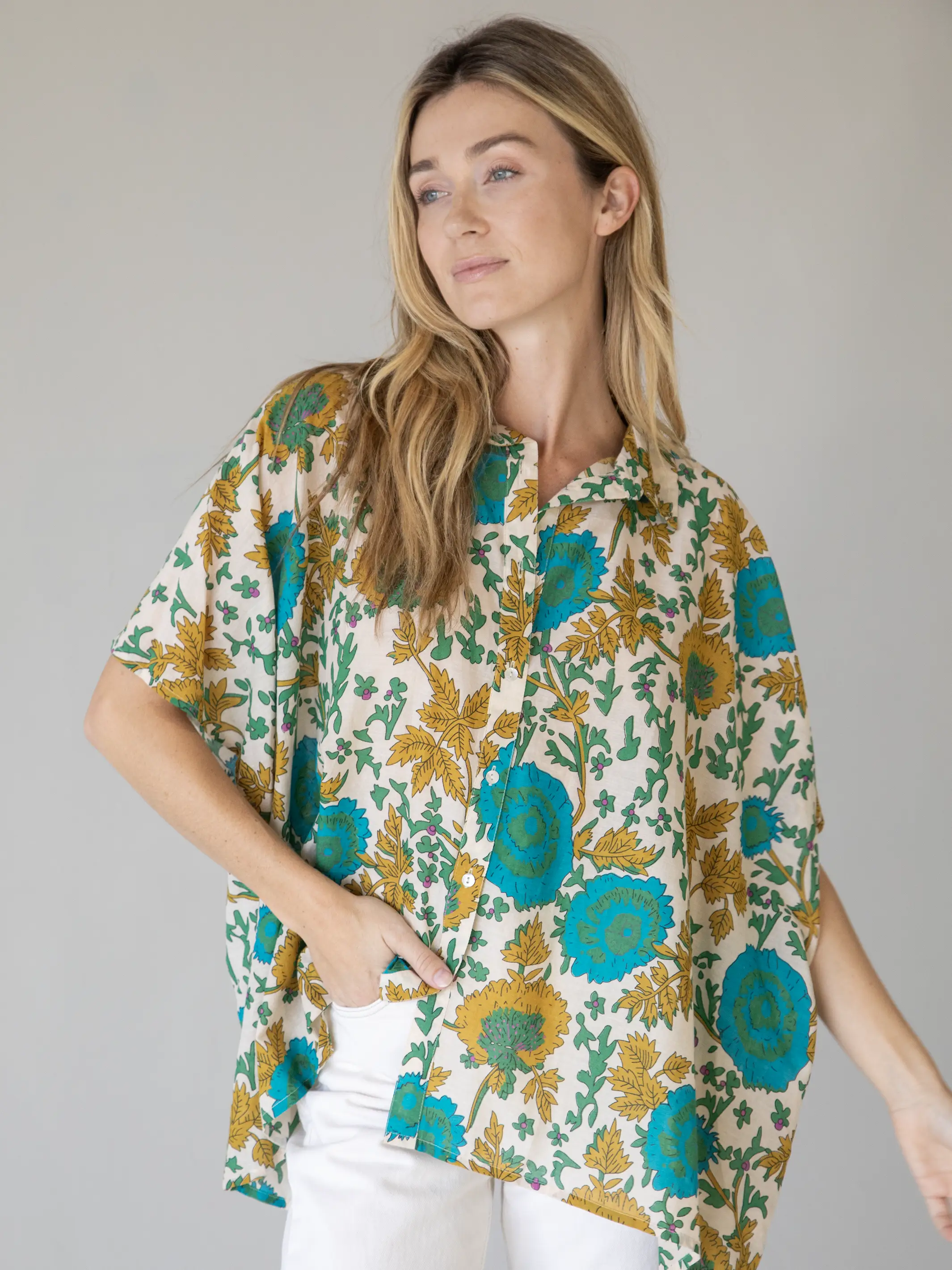 Kelly Oversized Cotton Button Down - Ochre Leafy Floral - Image 3