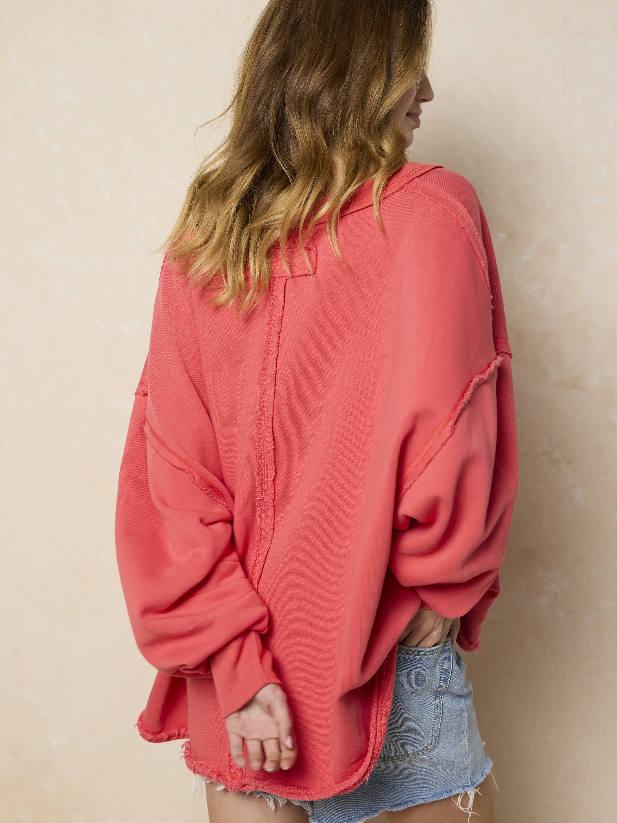 Kick Back Cotton V-Neck Pullover Sweatshirt - Coral - Image 3