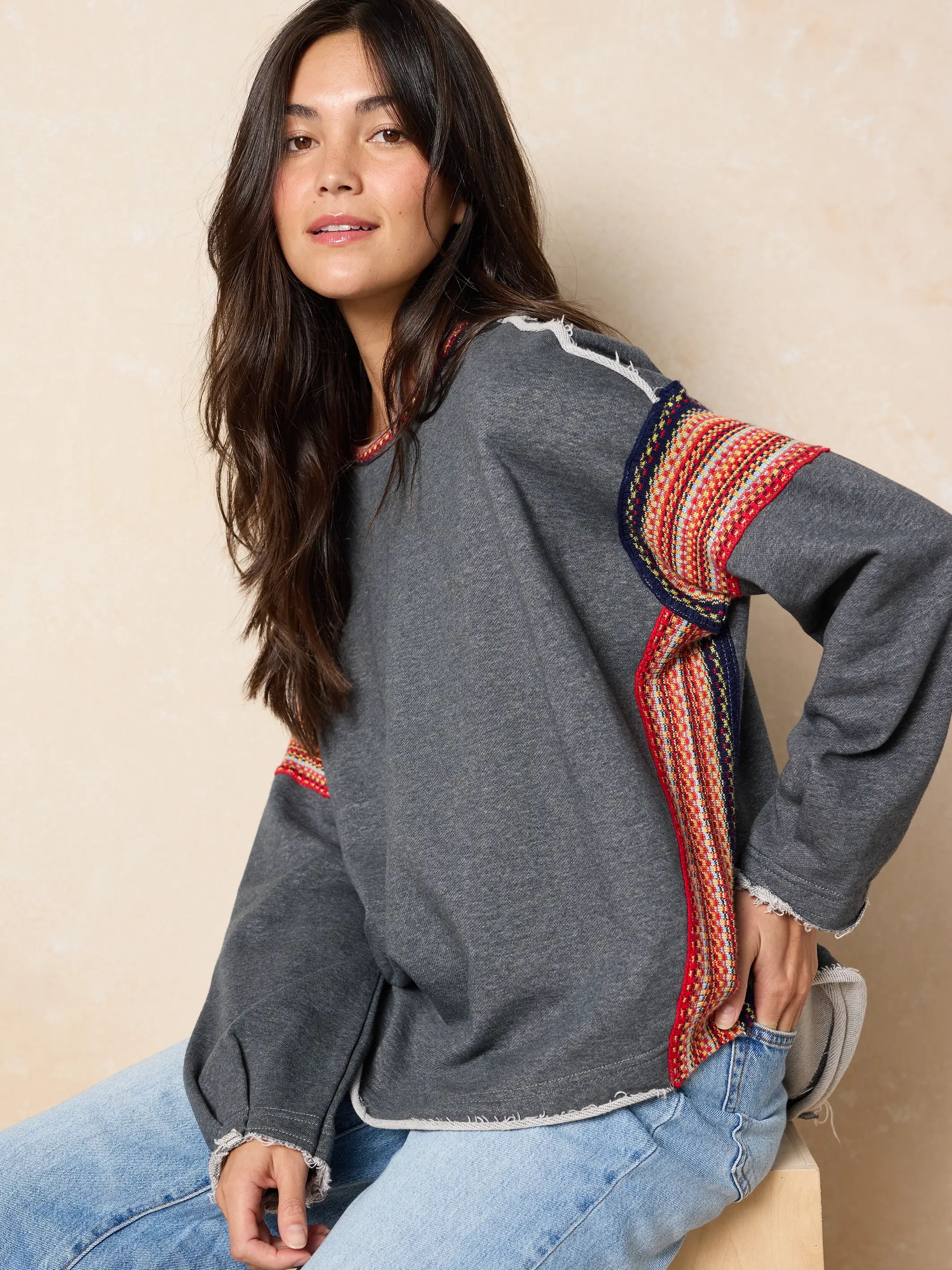 Knit Trim Sweatshirt - Charcoal - Image 2