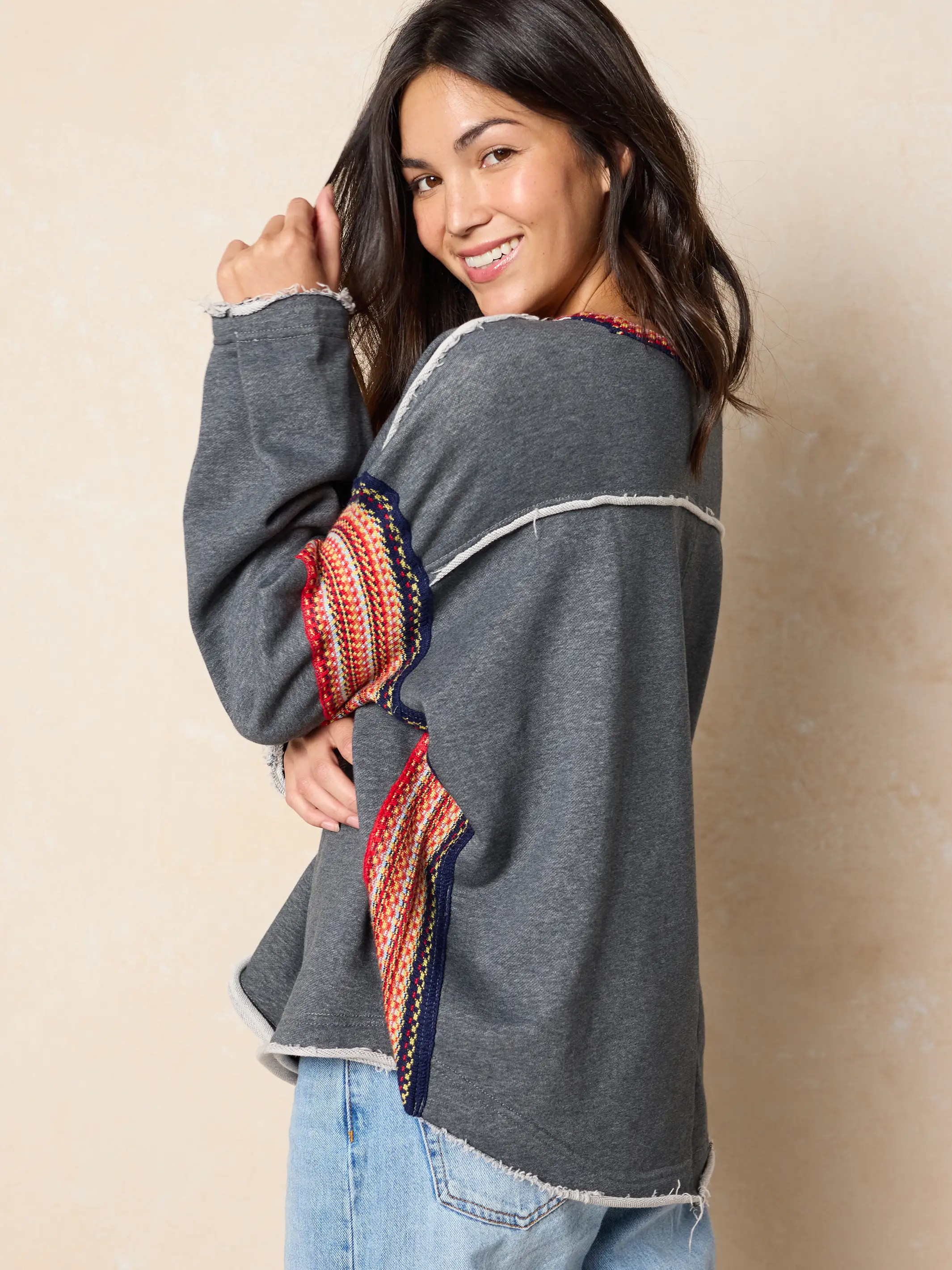 Knit Trim Sweatshirt - Charcoal - Image 3