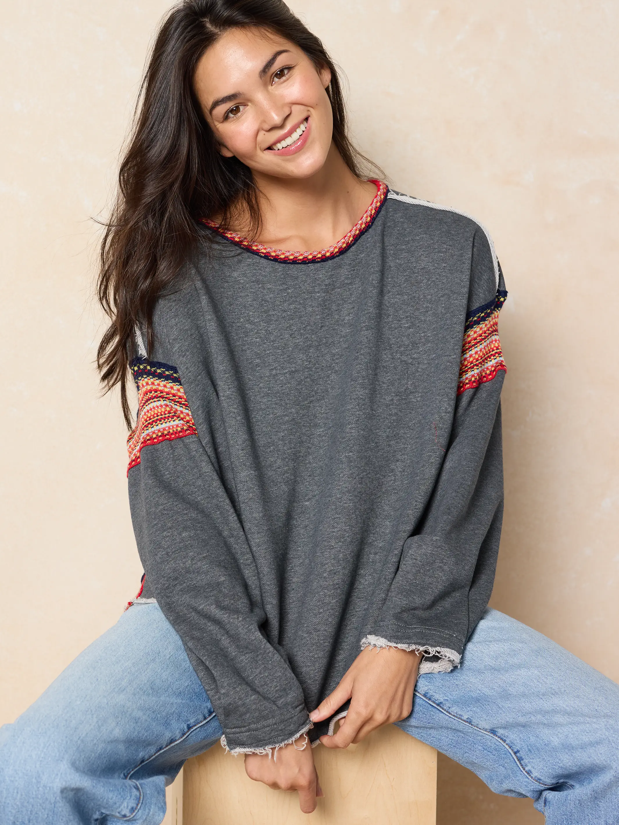 Knit Trim Sweatshirt - Charcoal - Image 4