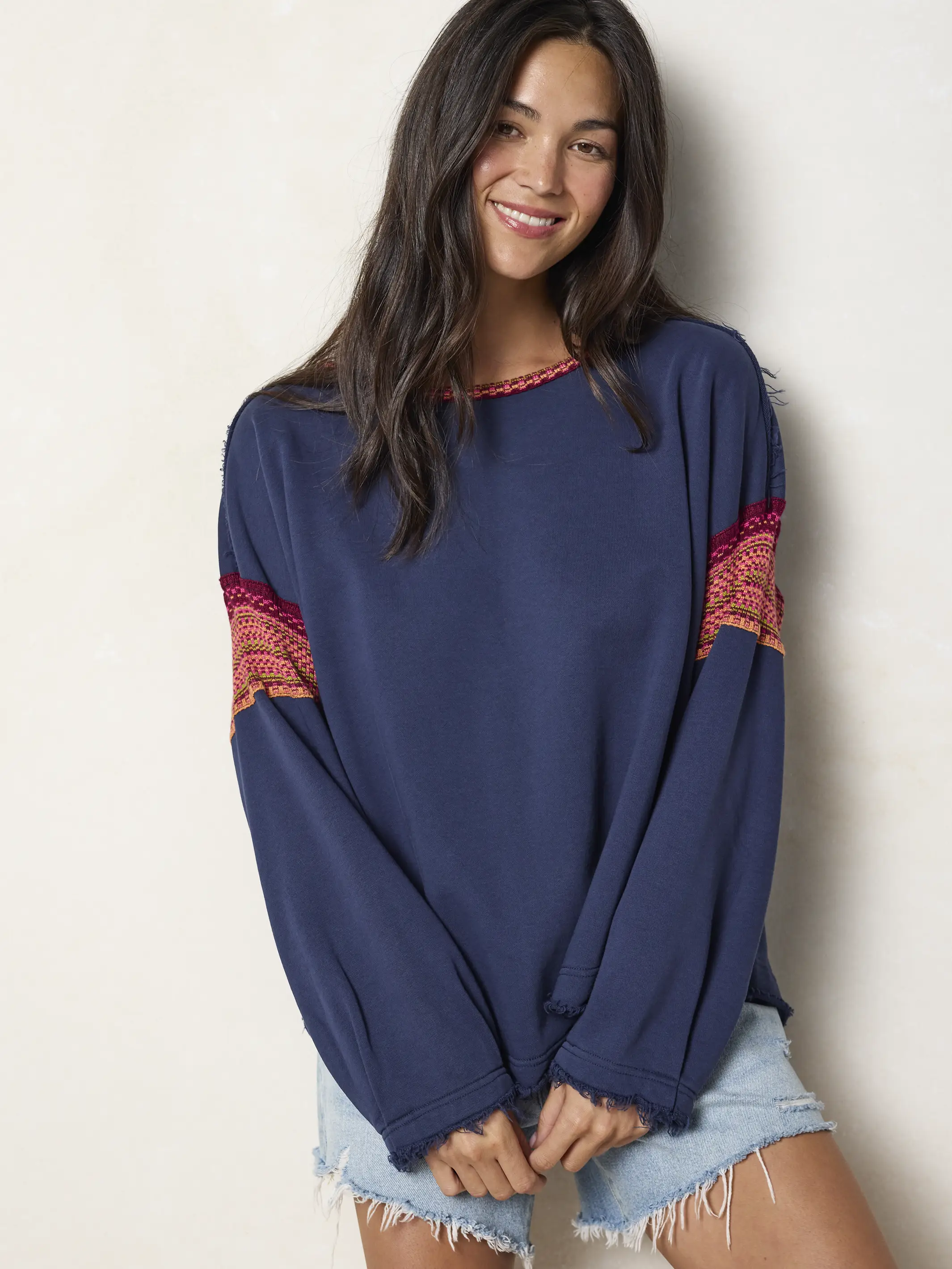 Knit Trim Sweatshirt - Navy - Image 3