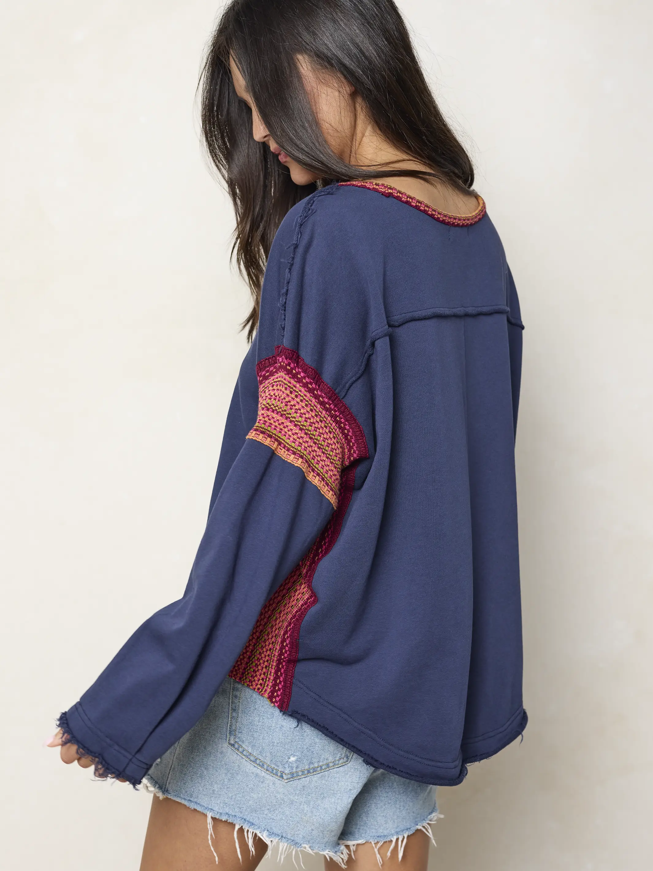Knit Trim Sweatshirt - Navy - Image 4