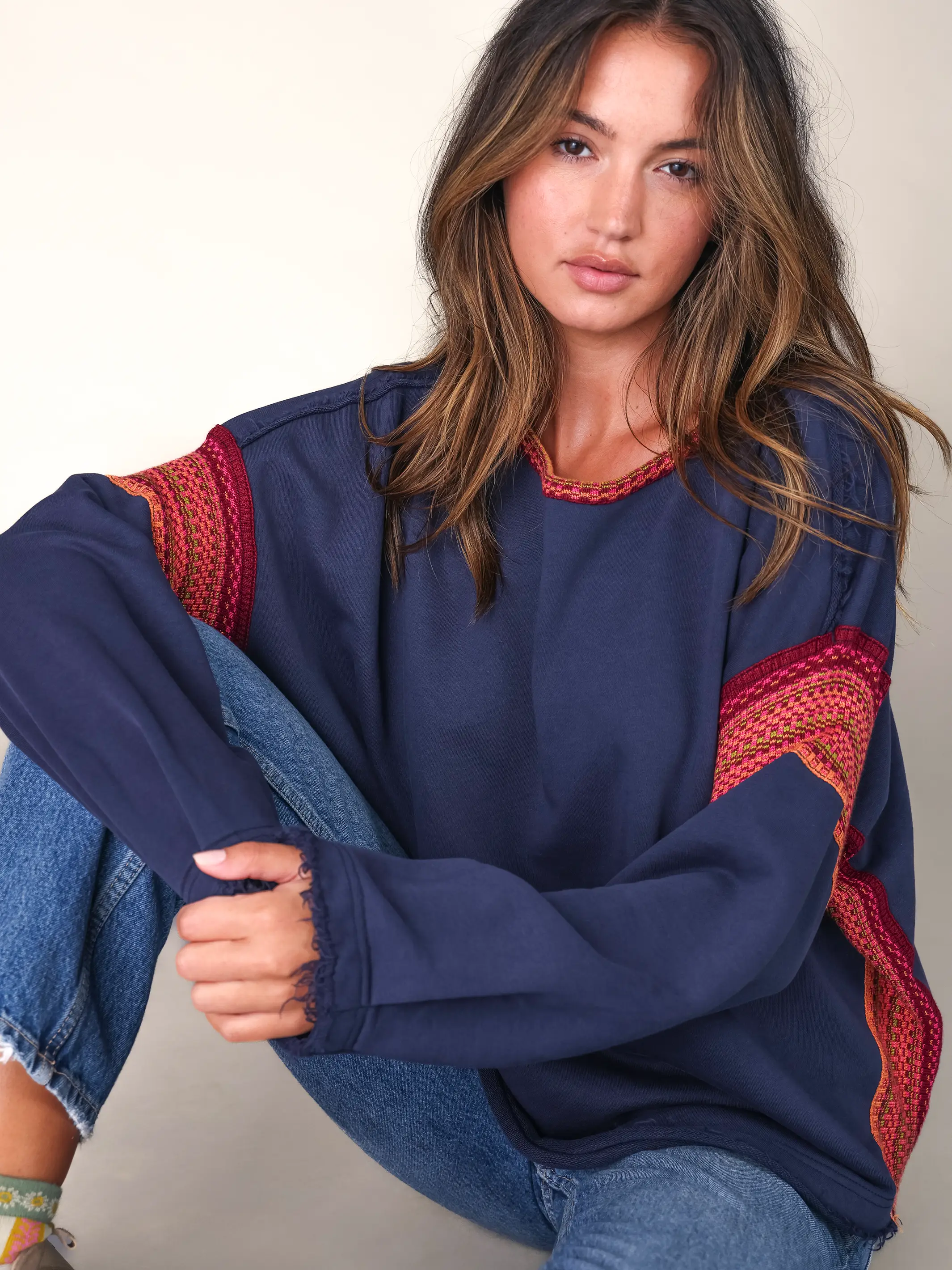 Knit Trim Sweatshirt - Navy - Image 5