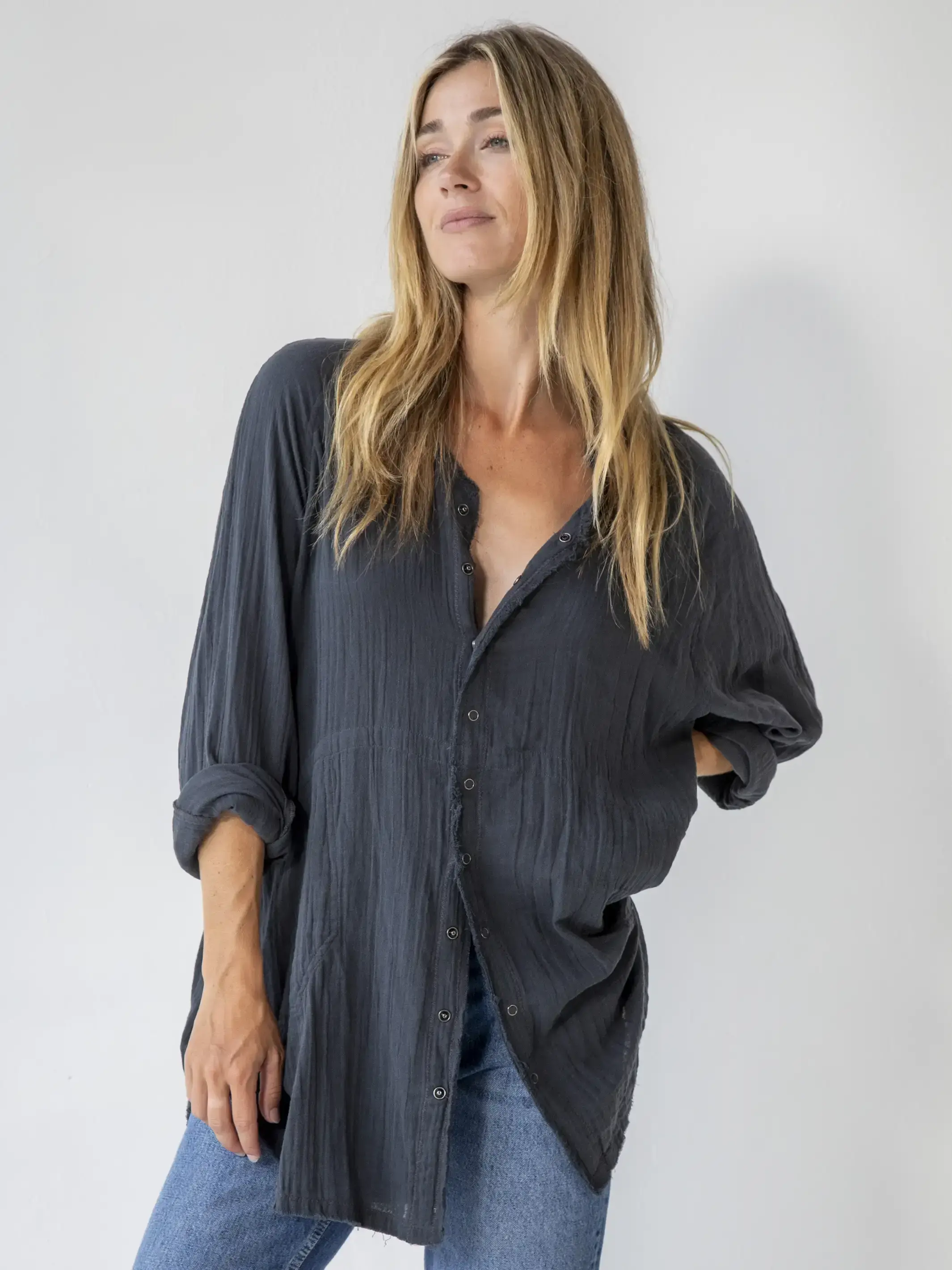 Laid Back Cotton Button Down Top - Charcoal - Image 2