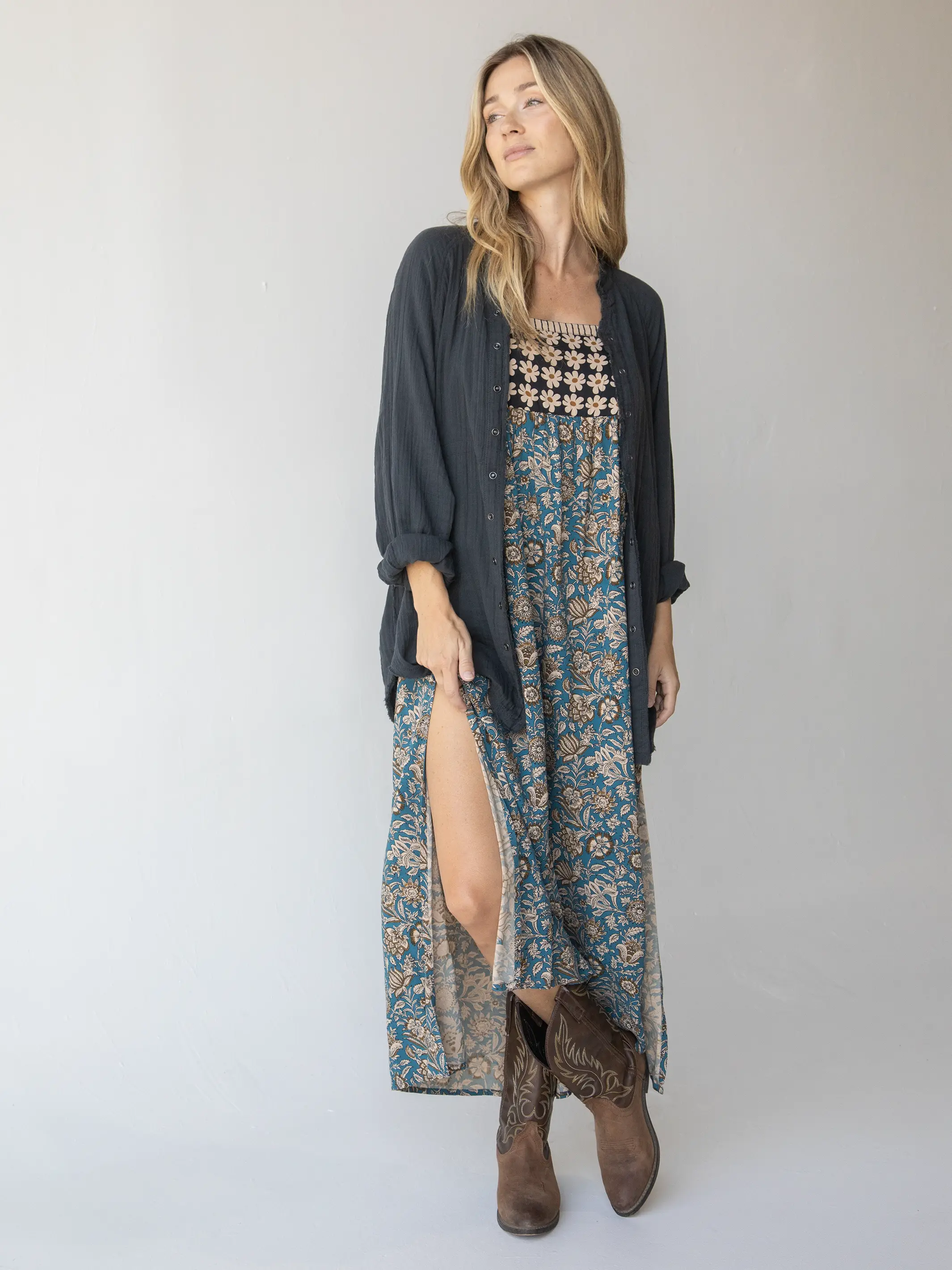 Laid Back Cotton Button Down Top - Charcoal - Image 3