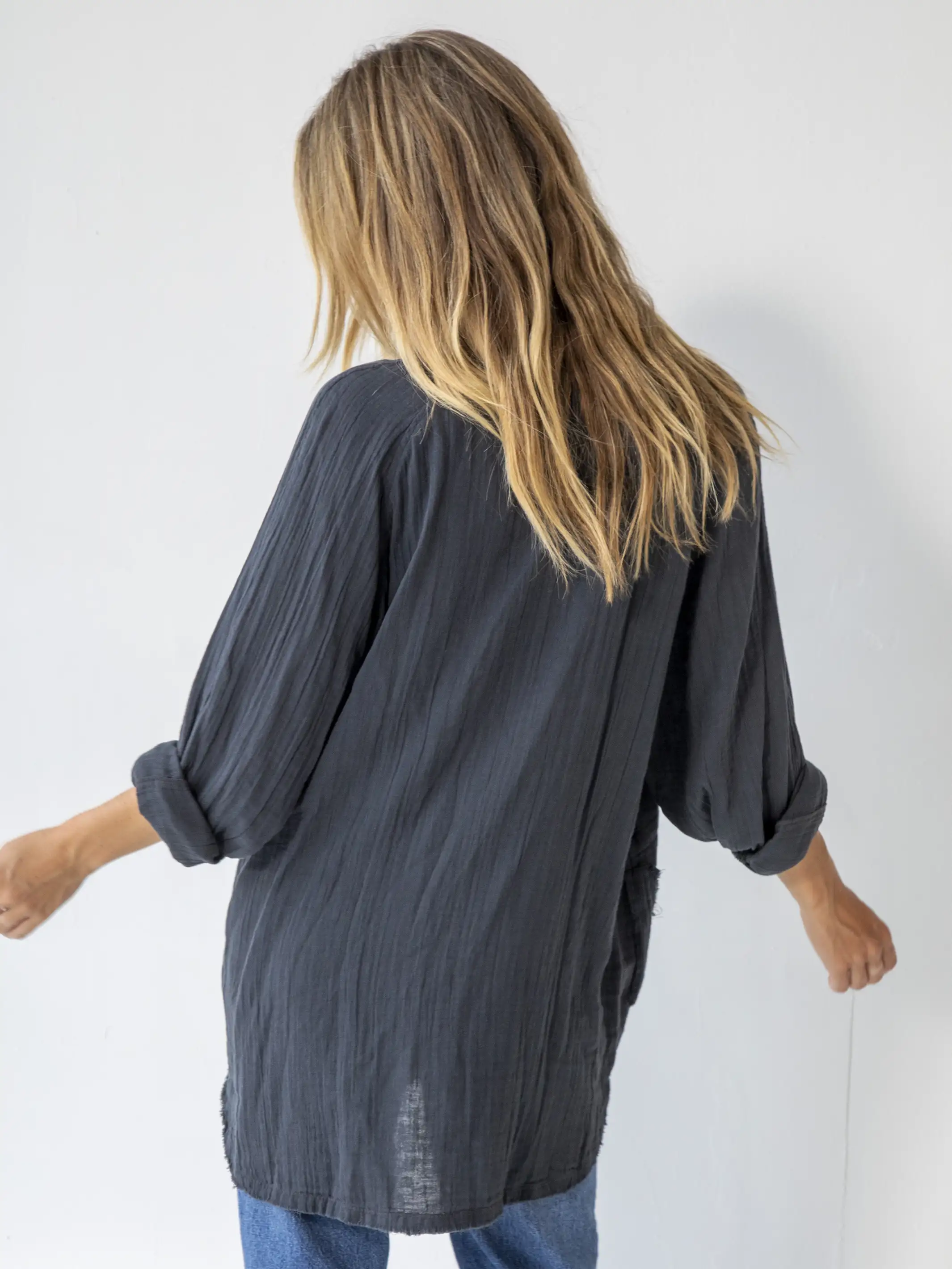 Laid Back Cotton Button Down Top - Charcoal - Image 4